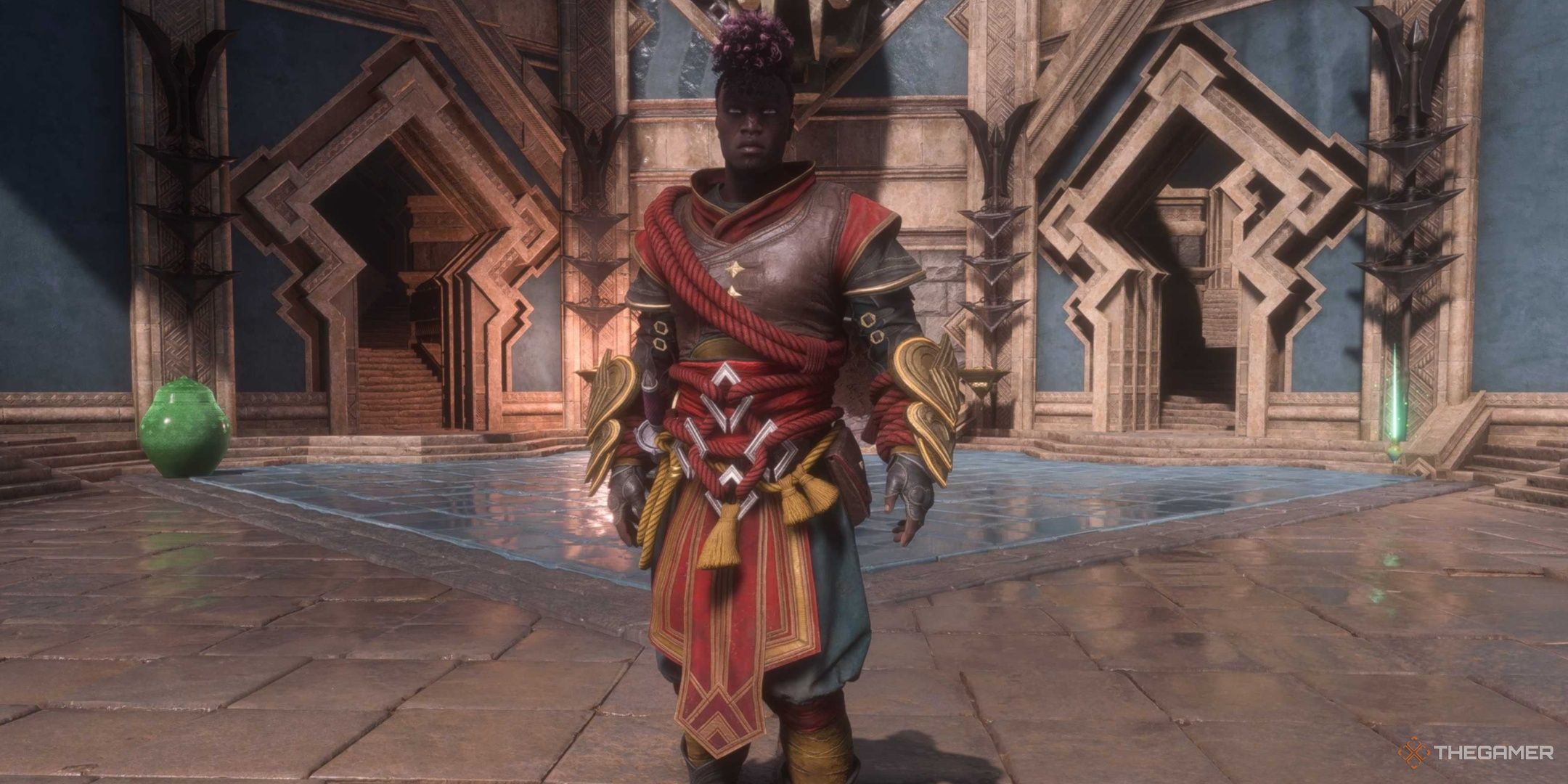 Rook wearing the Brawler's Decorated Leathers from Dragon Age: The Veilguard.