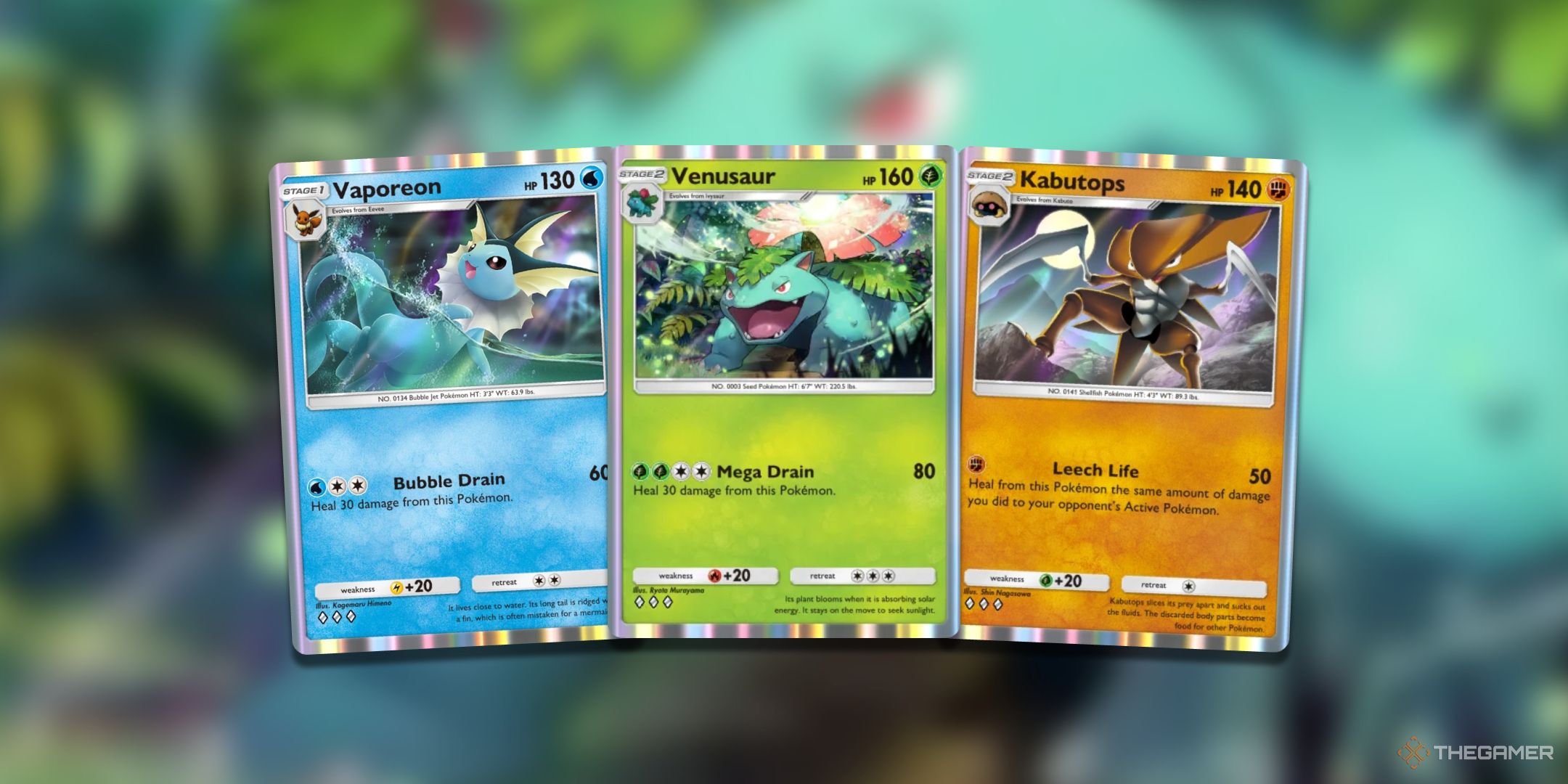 Cards that can heal themselves in Pokemon TCG Pocket featuring Vaporeon, Venasaur and Kabutops.