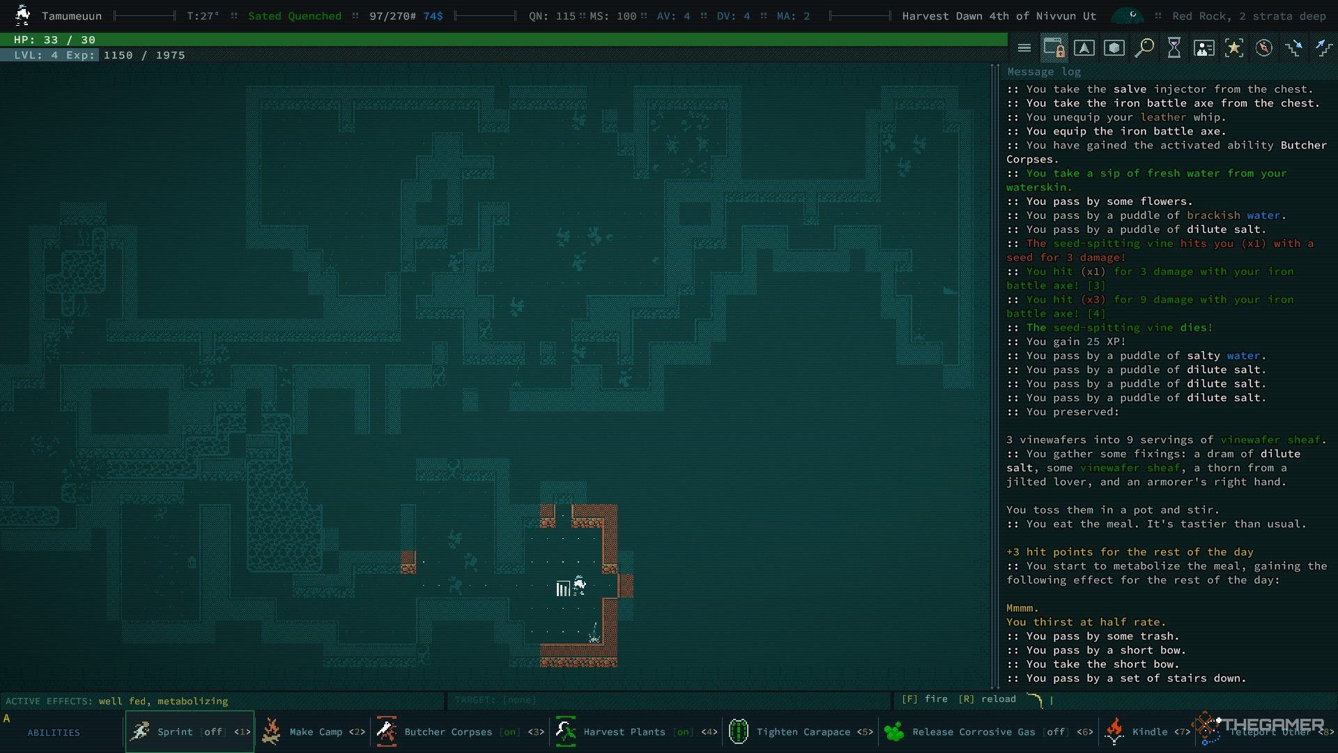 a player explores red rock dungeon in caves of qud.