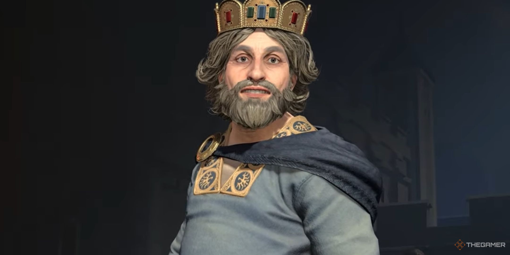 Charlemagne smiling in his reveal video for Civilization 7.