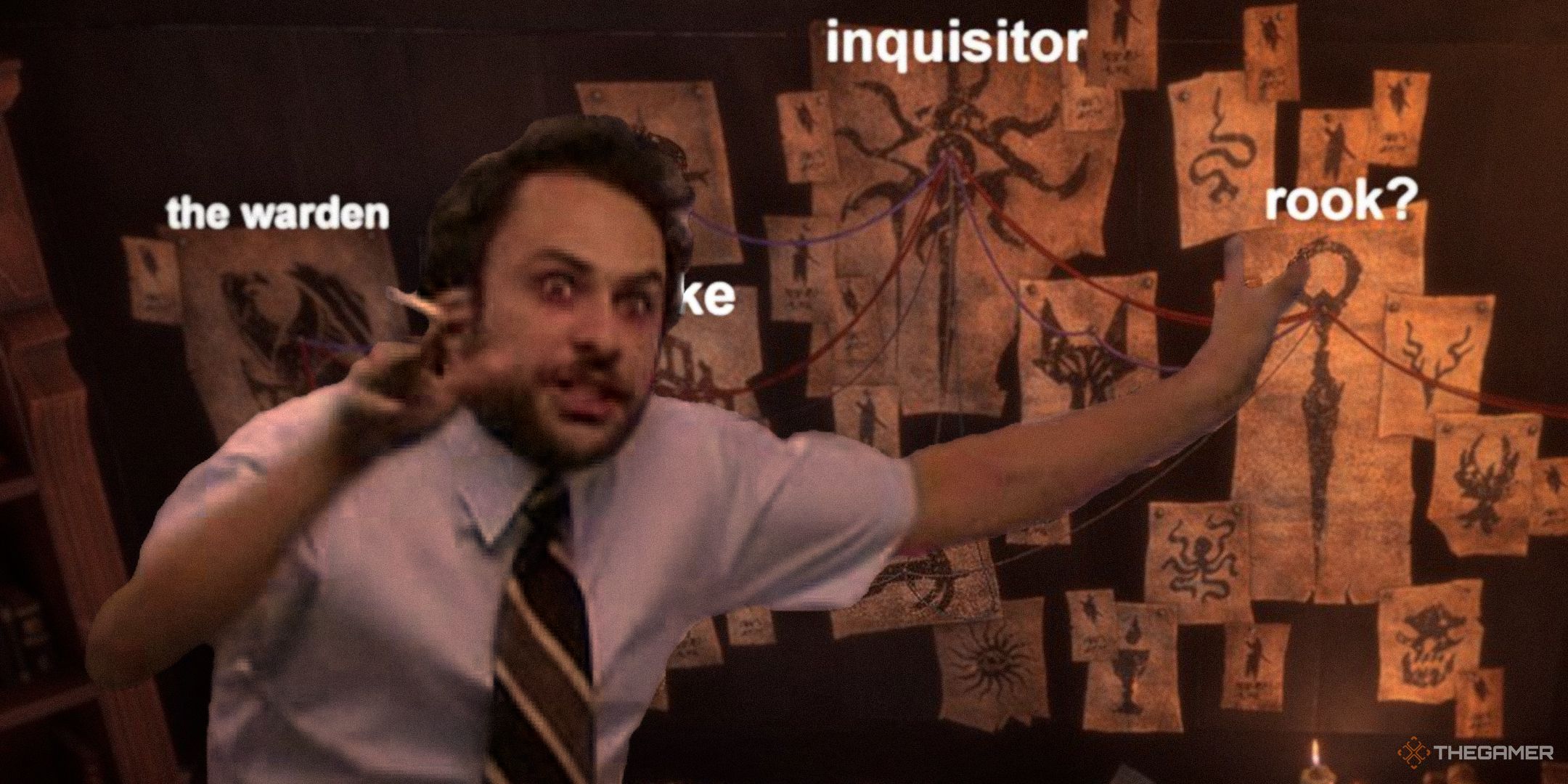 Charlie Day conspiracy meme but with a Dragon Age The Veilguard board showing each protagonist from the series.