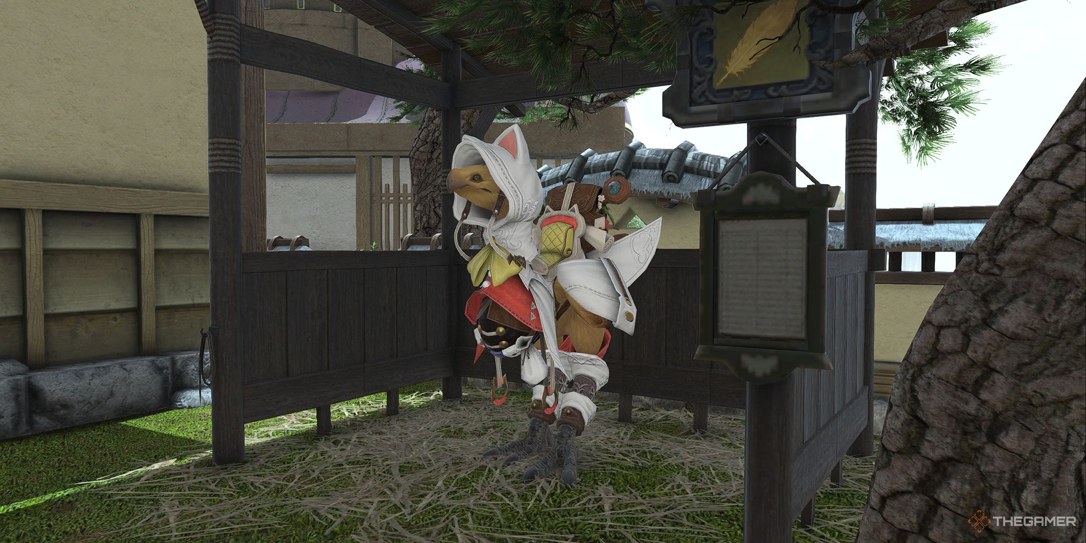 A stabled Chocobo wearing the Felicitous Barding.