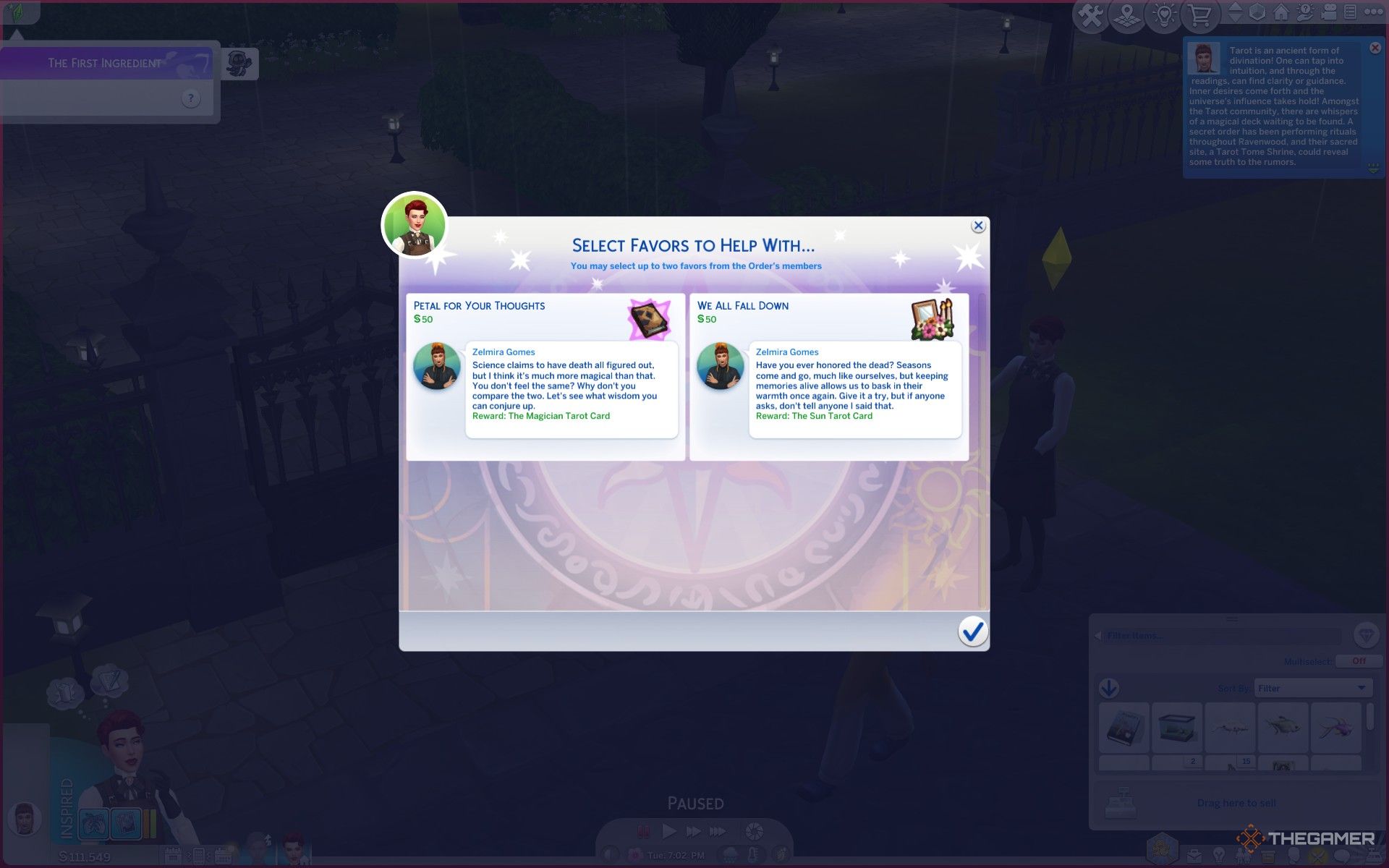 انتخاب لطفی برای Order of Lenore در The Sims 4 Life and Death برای به دست آوردن کارت تاروت.