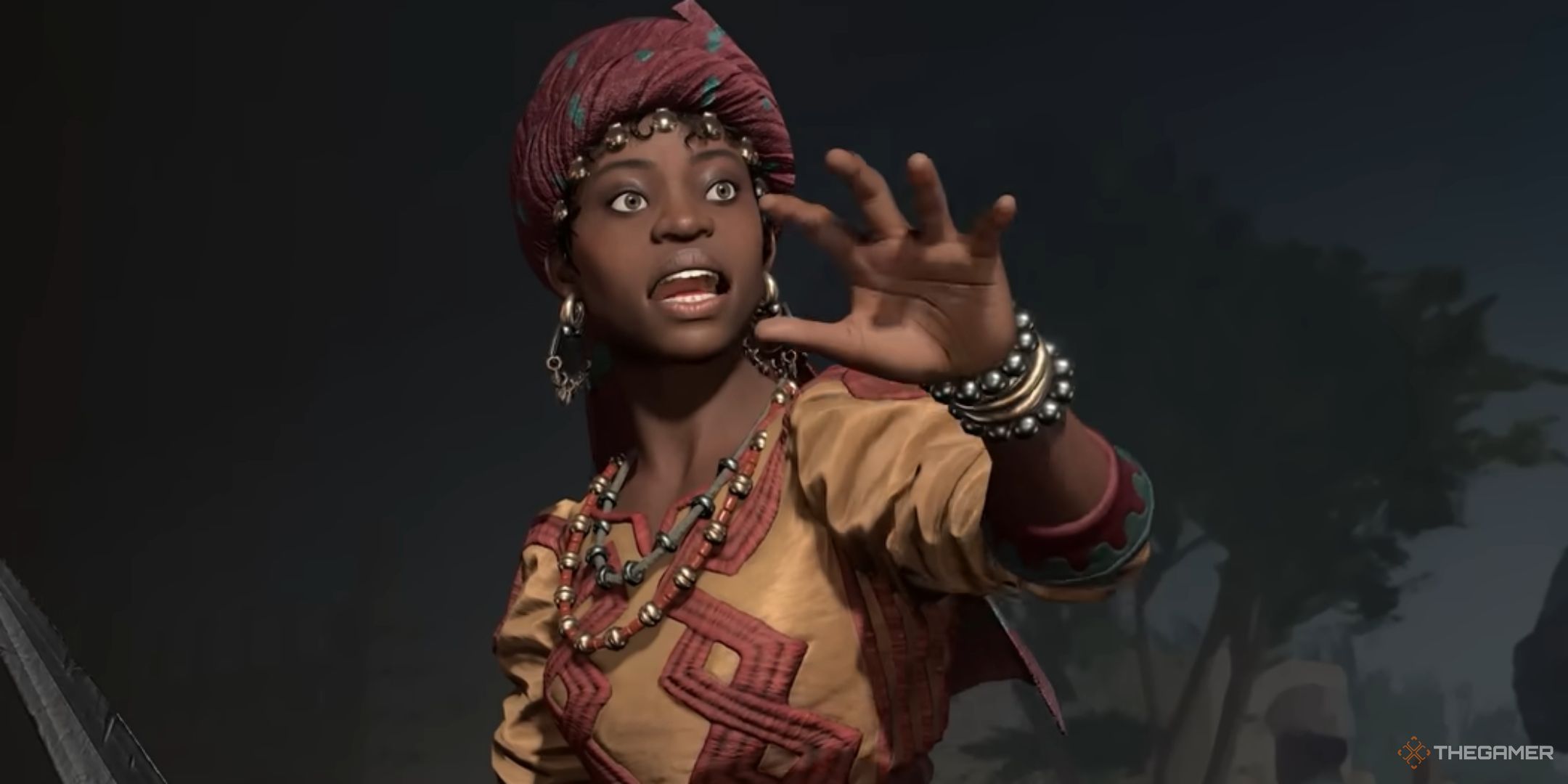 Amina of Zazzau with her hand outstretched in Civilization 7.