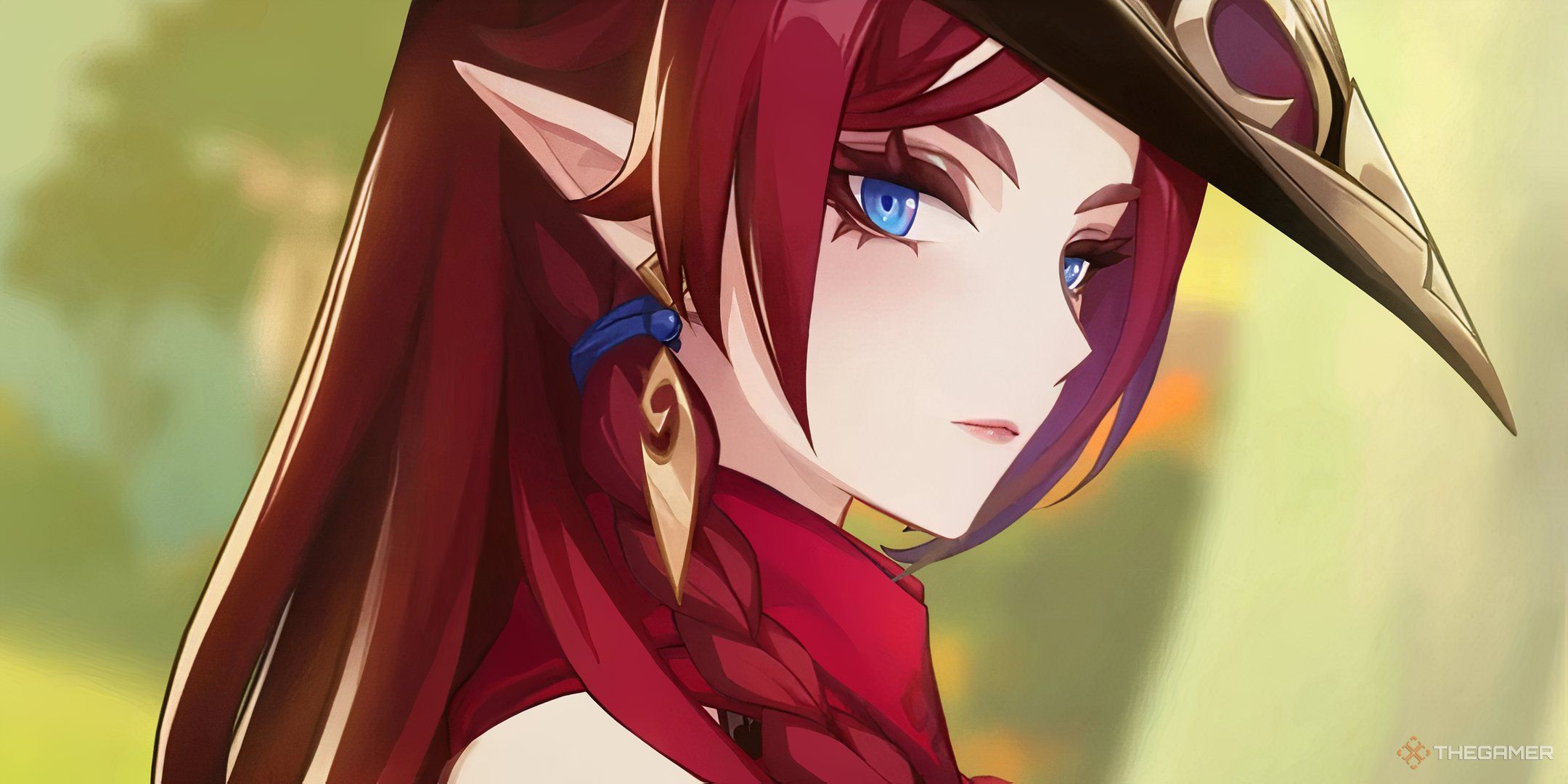 Closeup of Chasca's face as she looks towards the camera in Genshin Impact's Chasca Trailer.