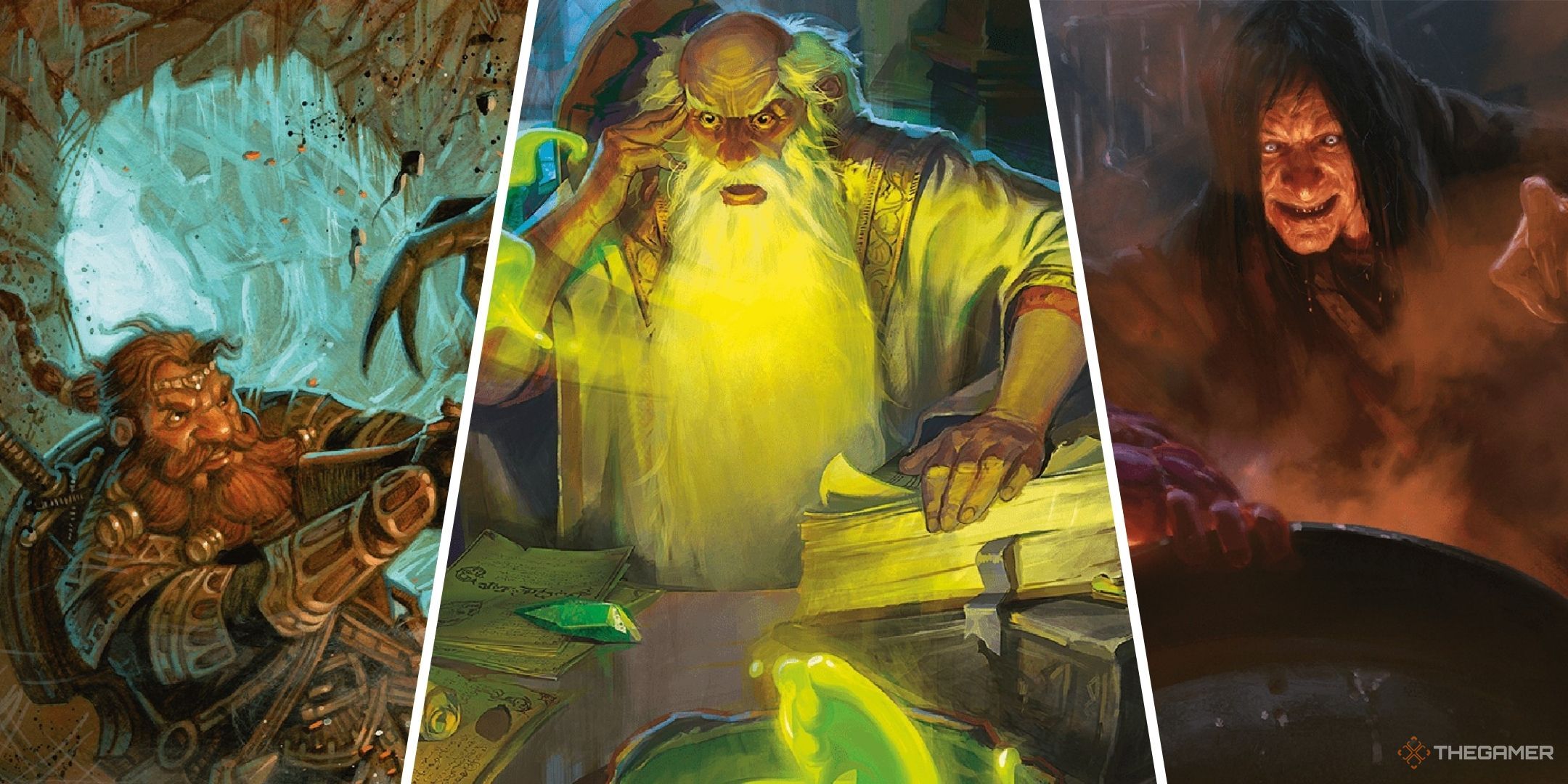 Dungeons & Dragons image showing a dwarf, a wizard and Baba Yaga.