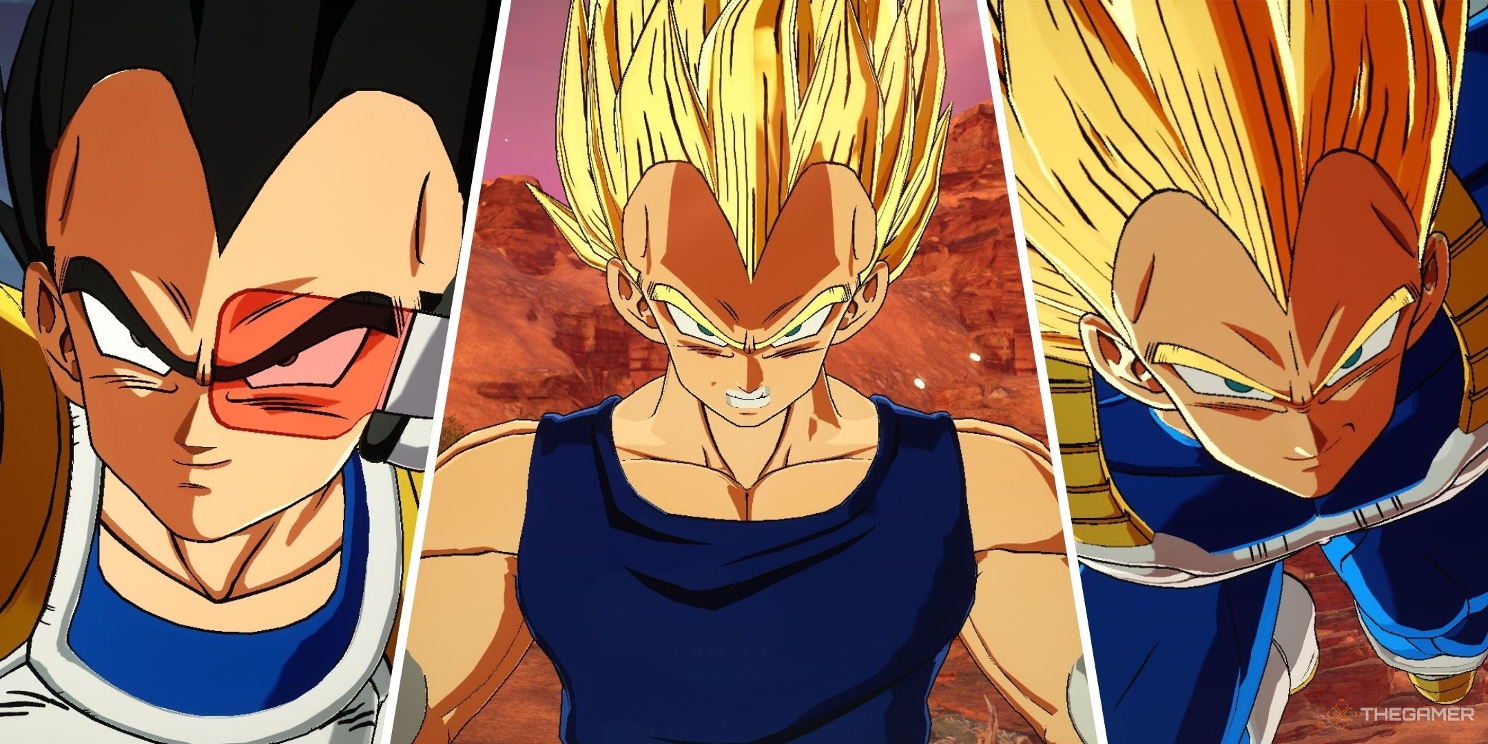 Dragon Ball Sparking Zero image showing three versions of Vegeta.