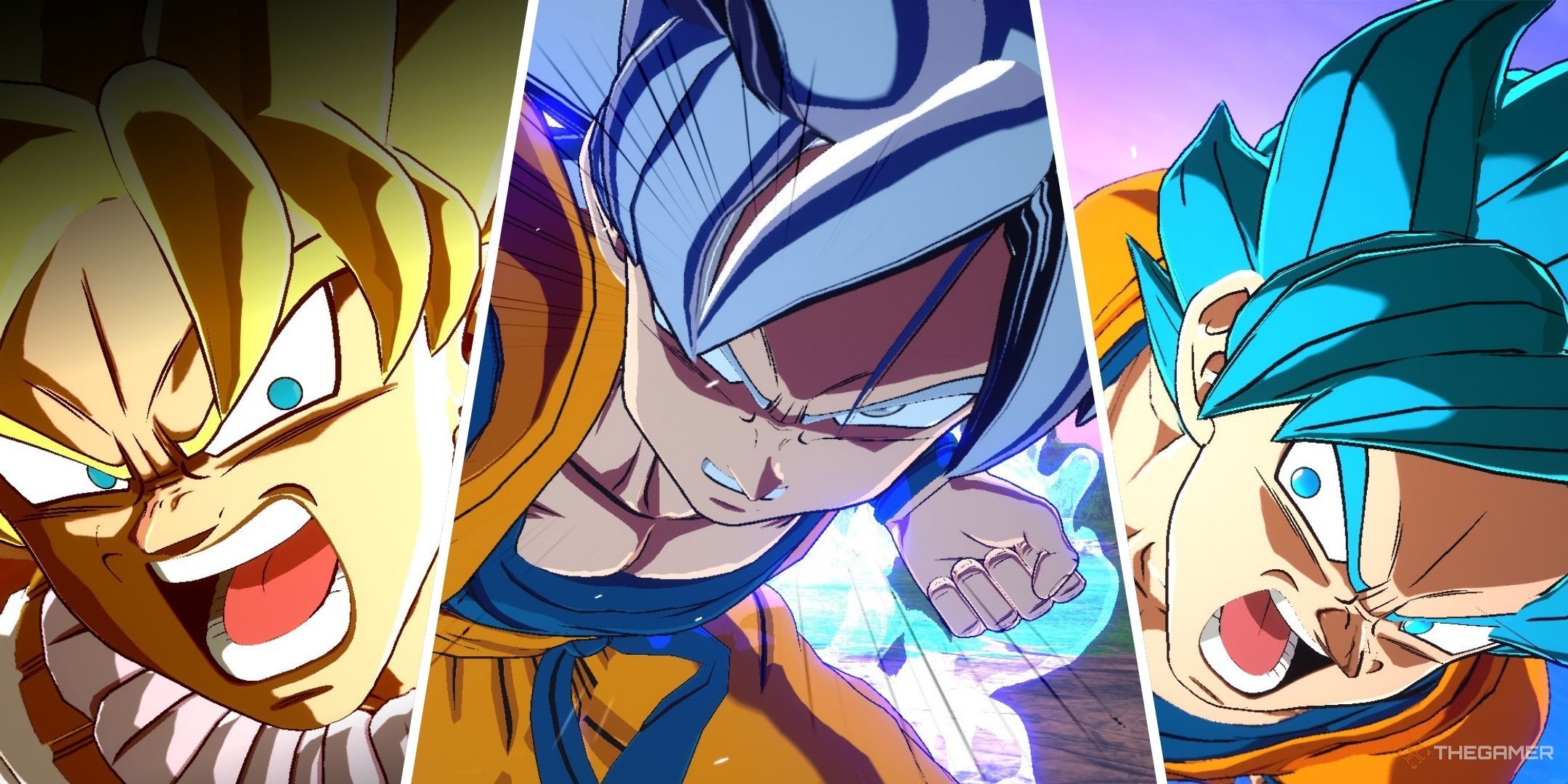 Dragon Ball Sparking Zero image showing Goku as a Super Saiyan, a Super Saiyan Blue, and with mastered Ultra Instinct.