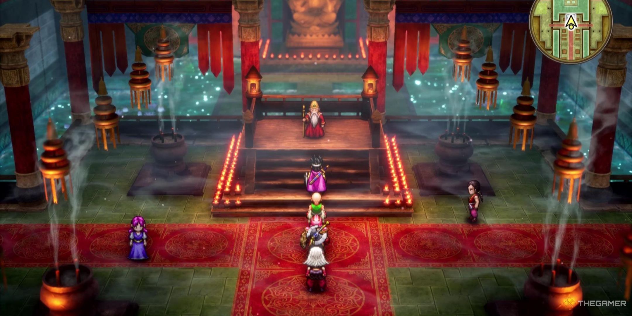 The Hero and their party stand in Alltrades Abbey in Dragon Quest 3 Remake.