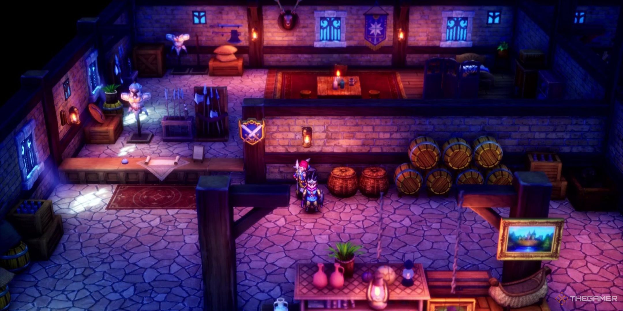 The party stands in a shop that sells weapons in Dragon Quest 3 Remake.