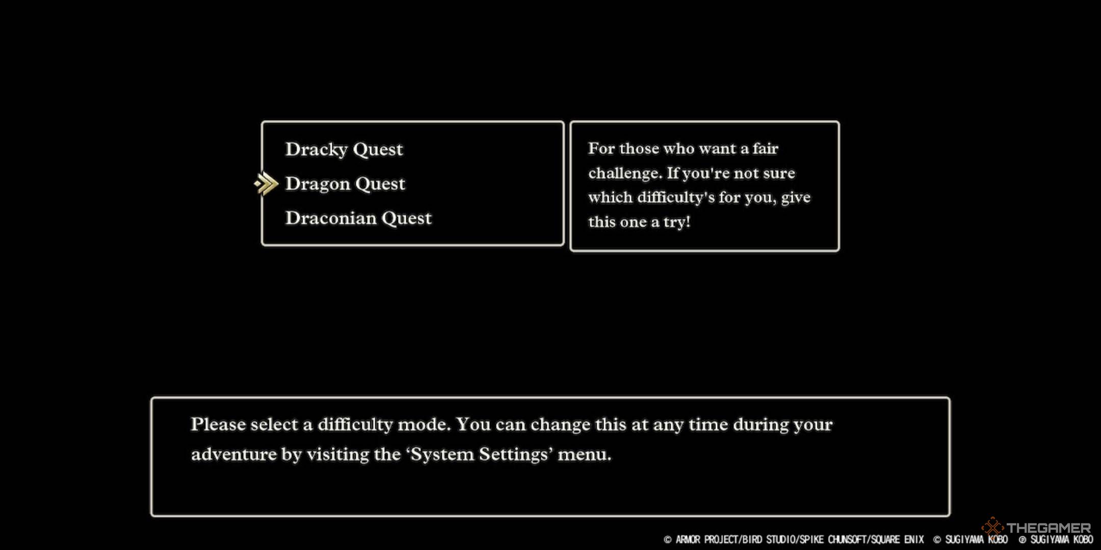 Difficulty option menu for Dragon Quest 3 Remake.