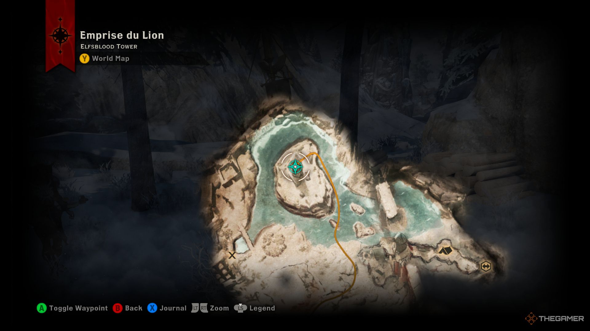 Dragon Age Inquisition screenshot of Elfsblood Tower logging stand location on the Emprise du Lion map.