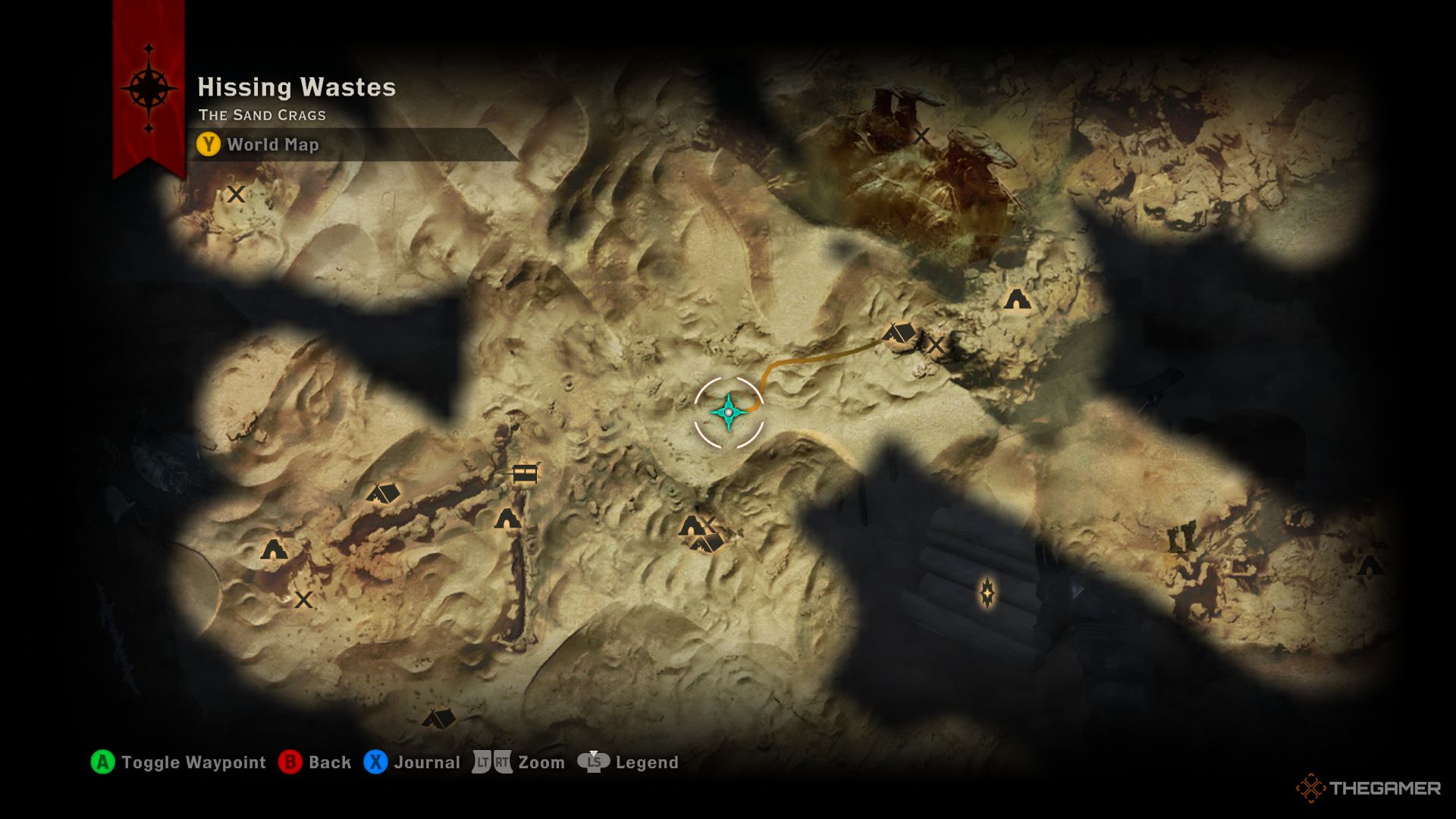 Dragon Age Inquisition screenshot of Hissing Wastes logging stand location on map.