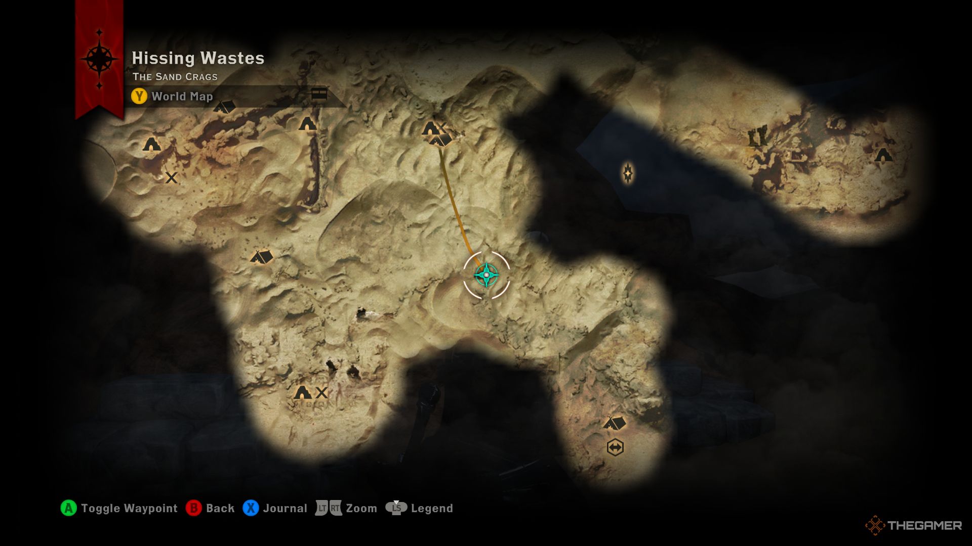 Dragon Age Inquisition screenshot of Hissing Wastes quarry location on map.