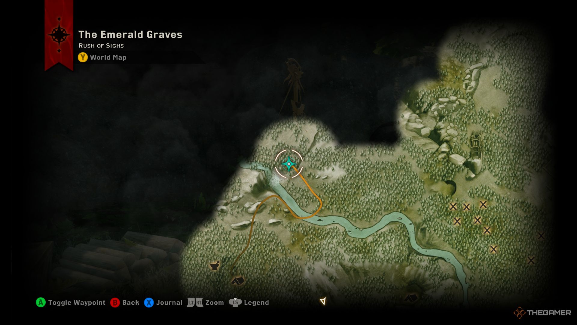 Dragon Age Inquisition screenshot of logging stand location on The Emerald Graves map.