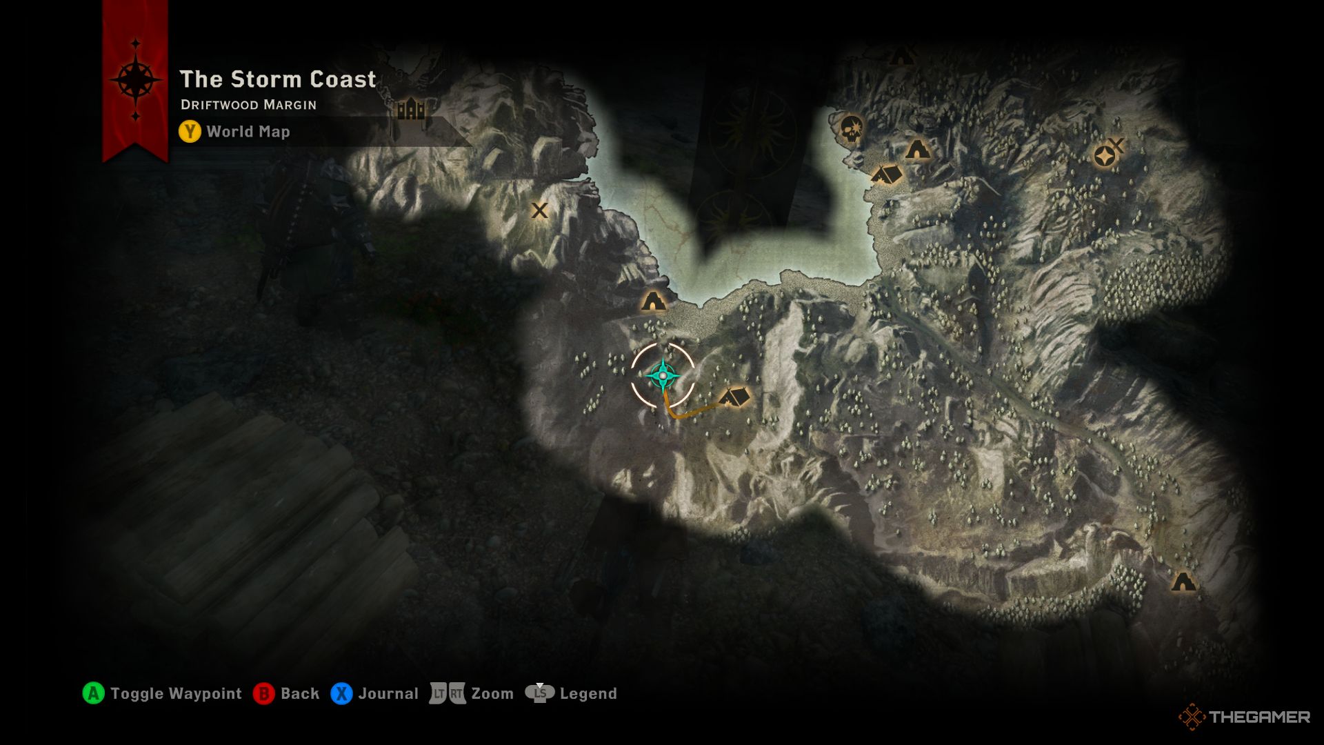 Dragon Age Inquisition screenshot of logging stand location on The Storm Coast map.