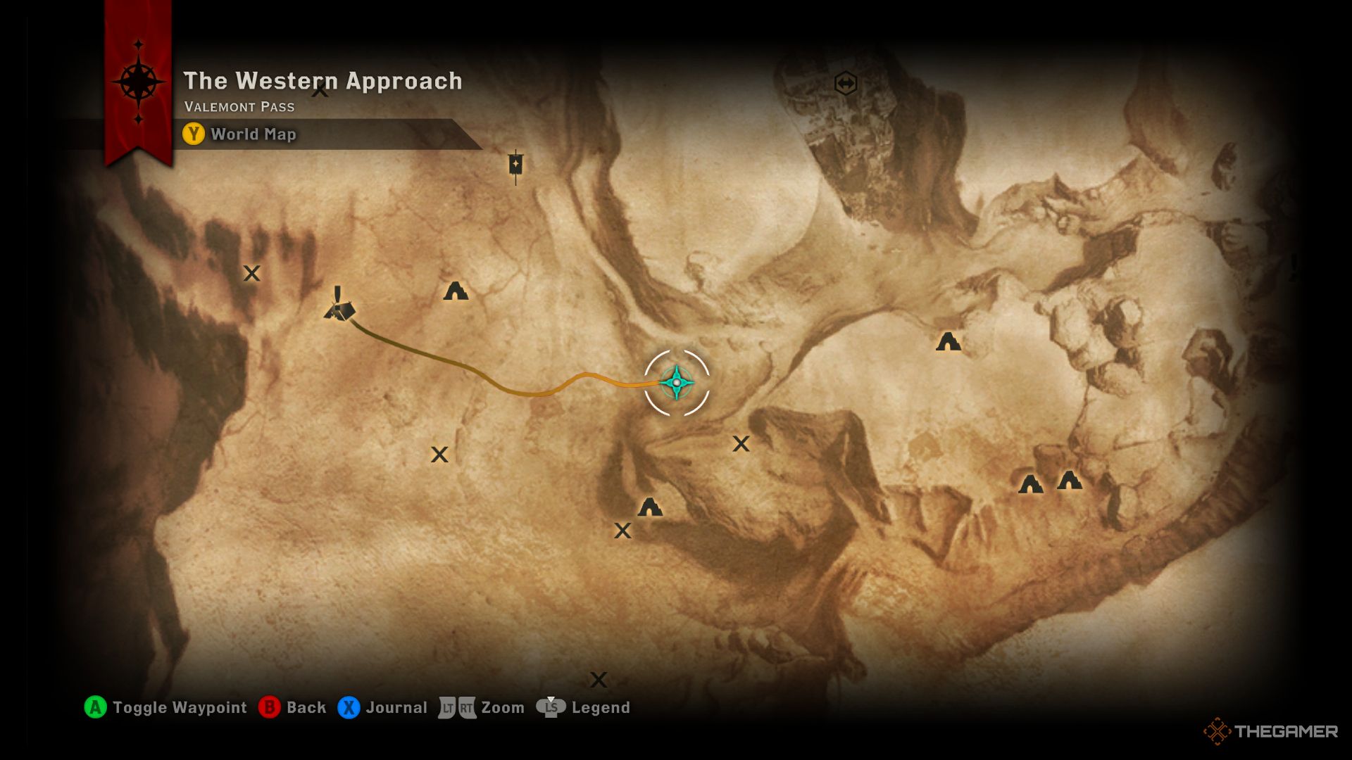 Dragon Age Inquisition screenshot of logging stand location on The Western Approach map.