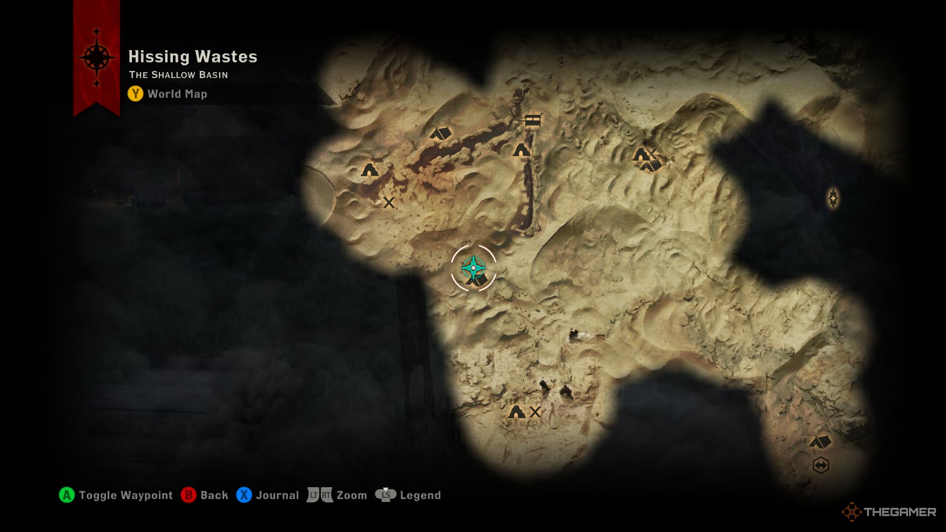 Dragon Age Inquisition screenshot of logging stand location outside of a camp on the Hissing Wastes map.