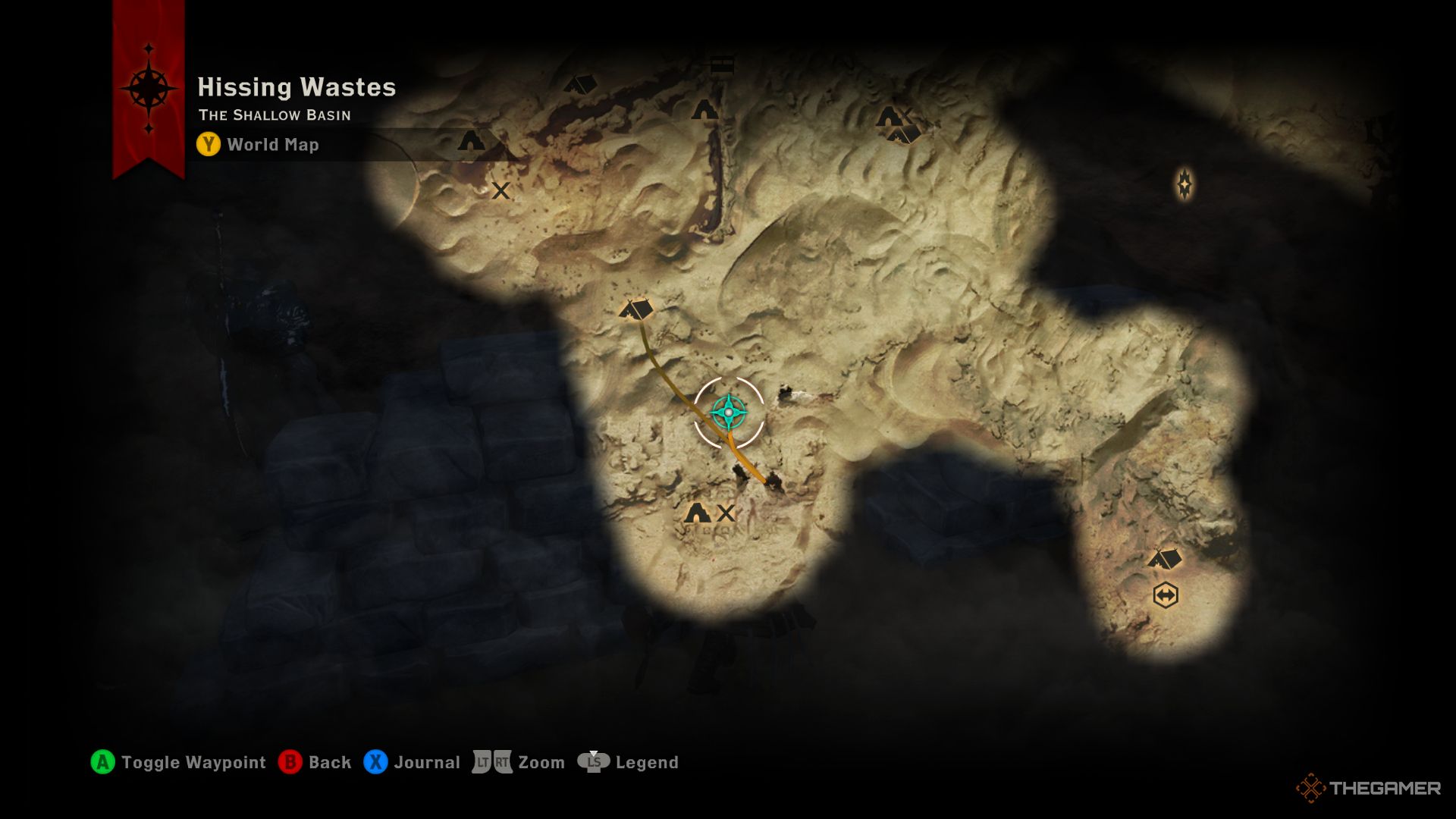 Dragon Age Inquisition screenshot of quarry location on the Hissing Wastes map.