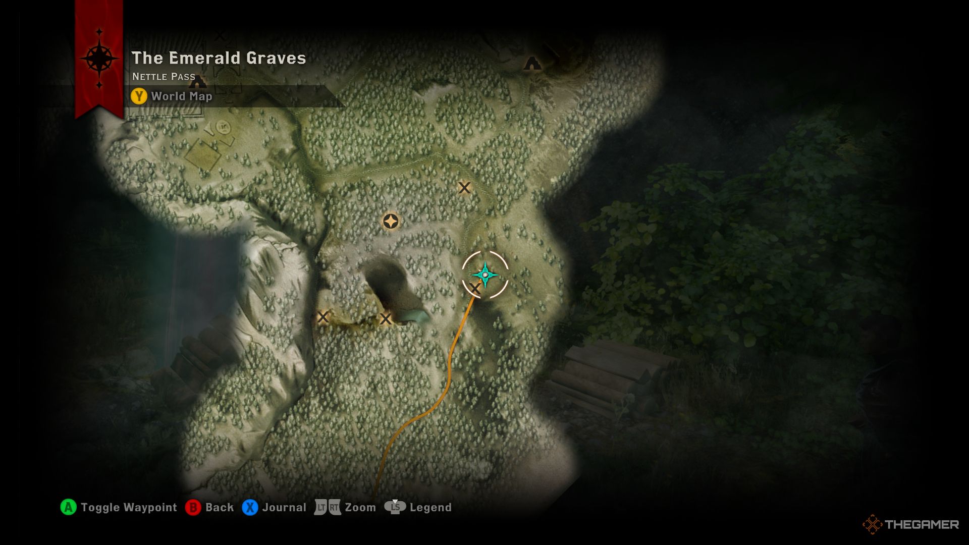 Dragon Age Inquisition screenshot showing the location of a logging stand on The Emerald Graves map.