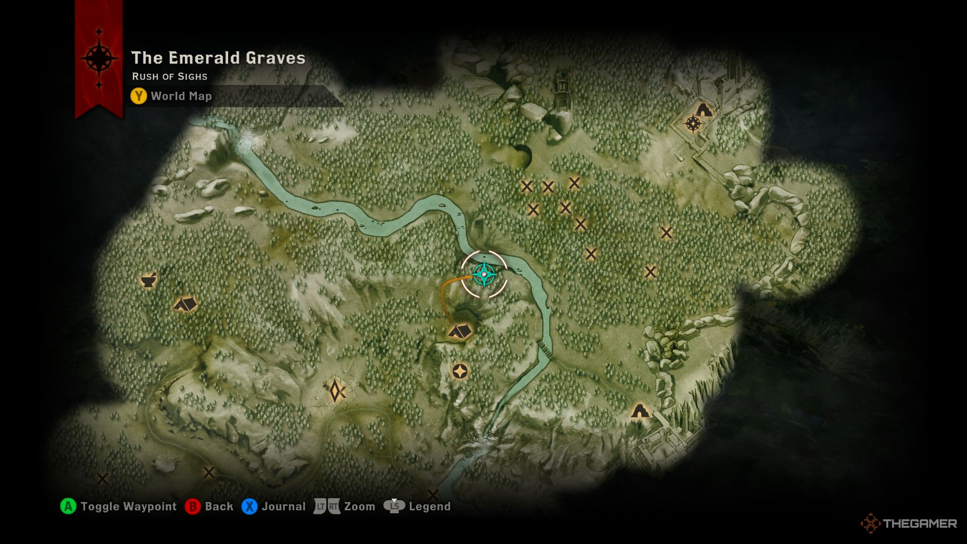 Dragon Age Inquisition screenshot showing the location of a quarry on The Emerald Graves map.