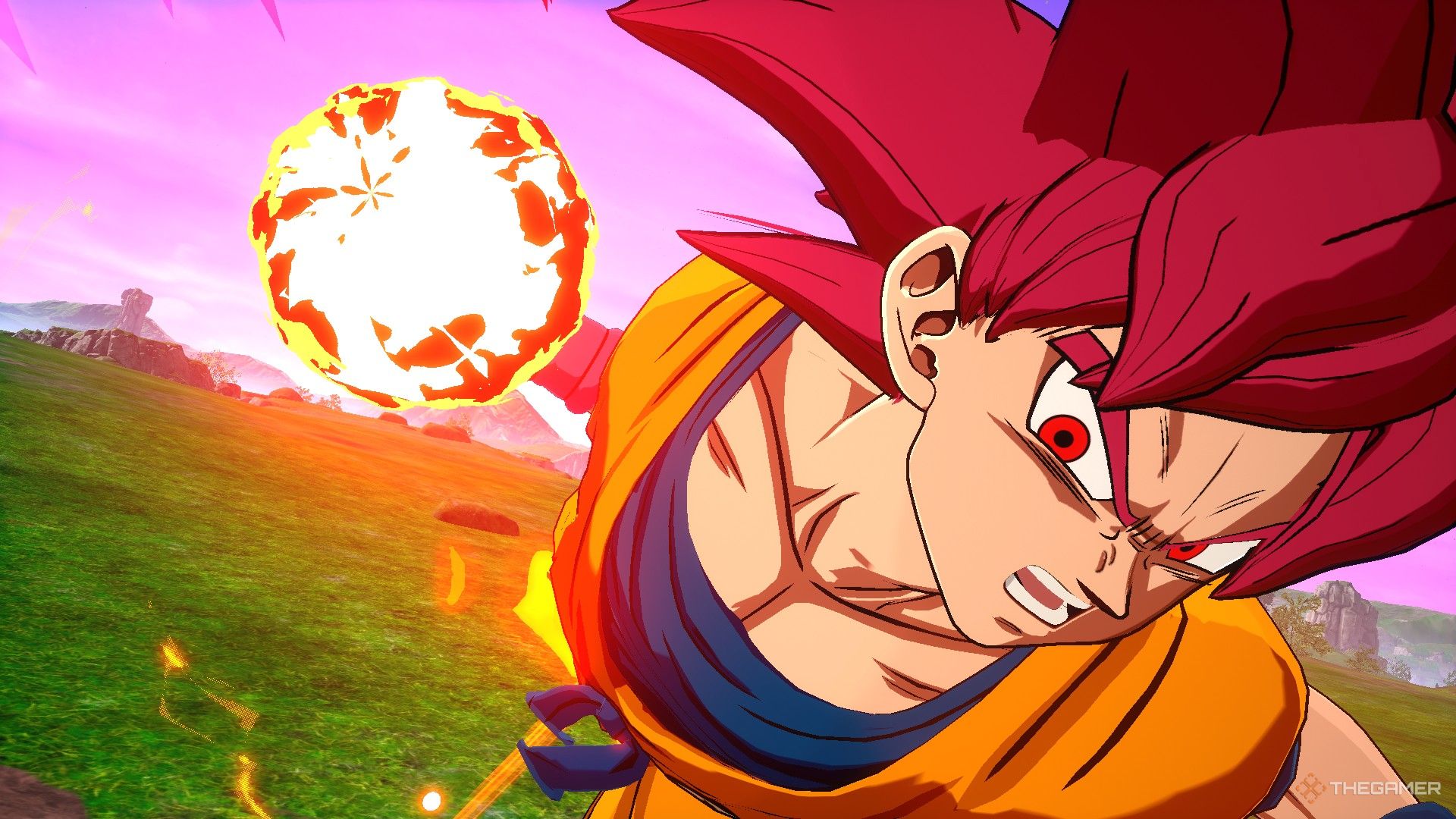 Dragon Ball Sparking Zero image showing Goku as a god preping a point blank beam.