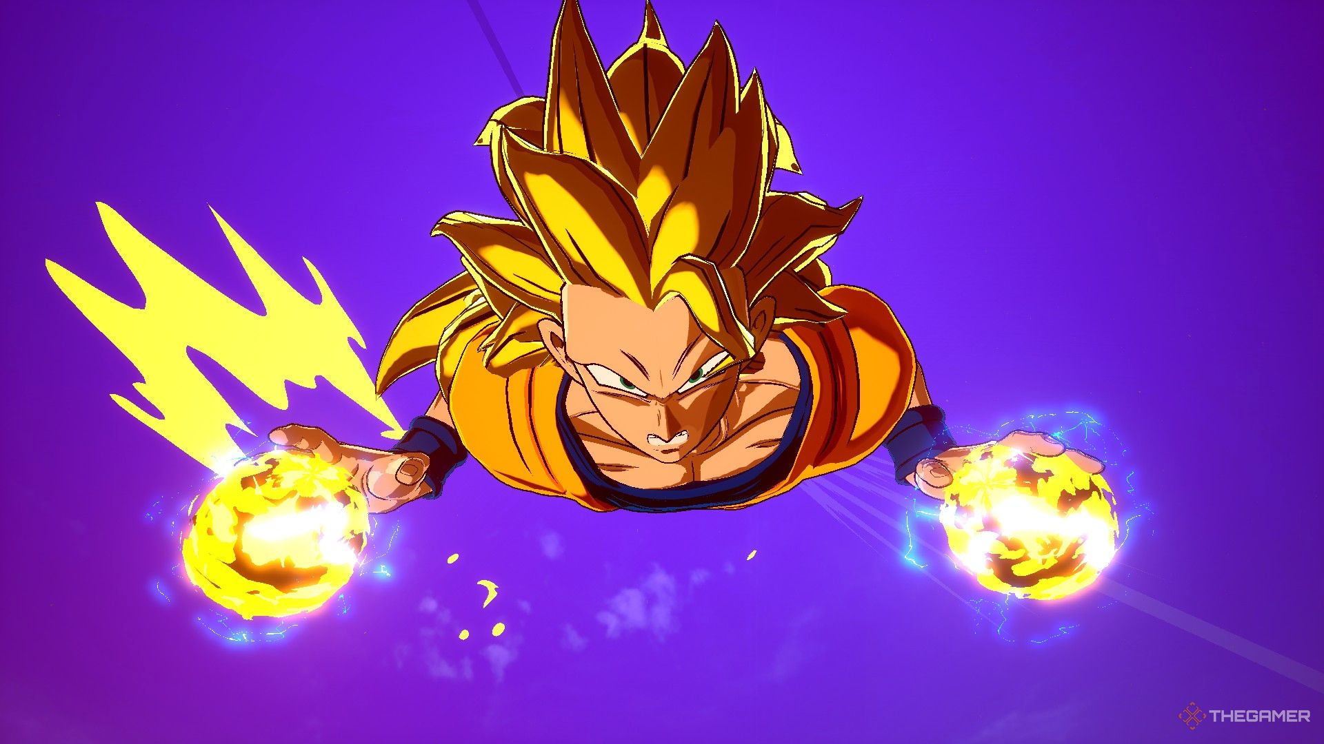 Dragon Ball Sparking Zero image showing Goku as a super saiyan 3 about to land his twin dragon fist.