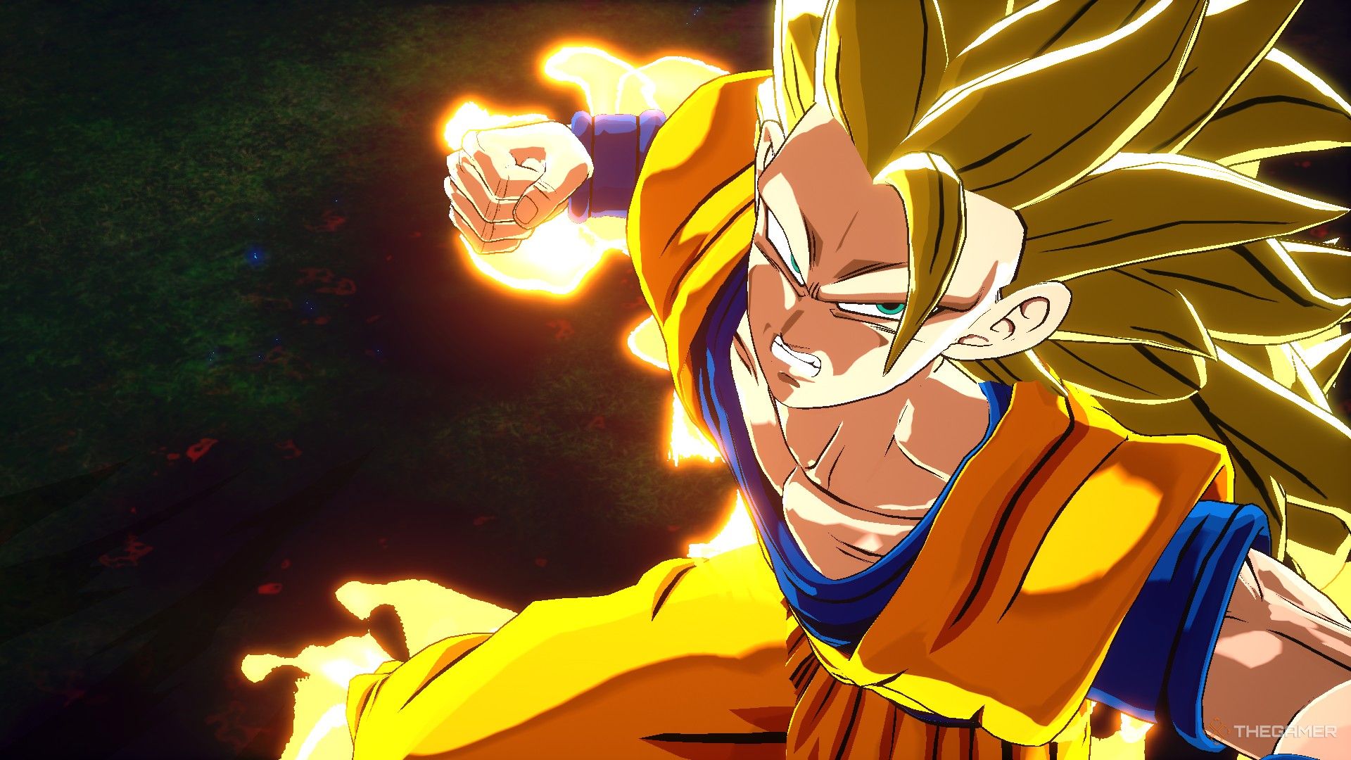 Dragon Ball Sparking Zero image showing Goku as a super saiyan 3 preping his dragon fist.