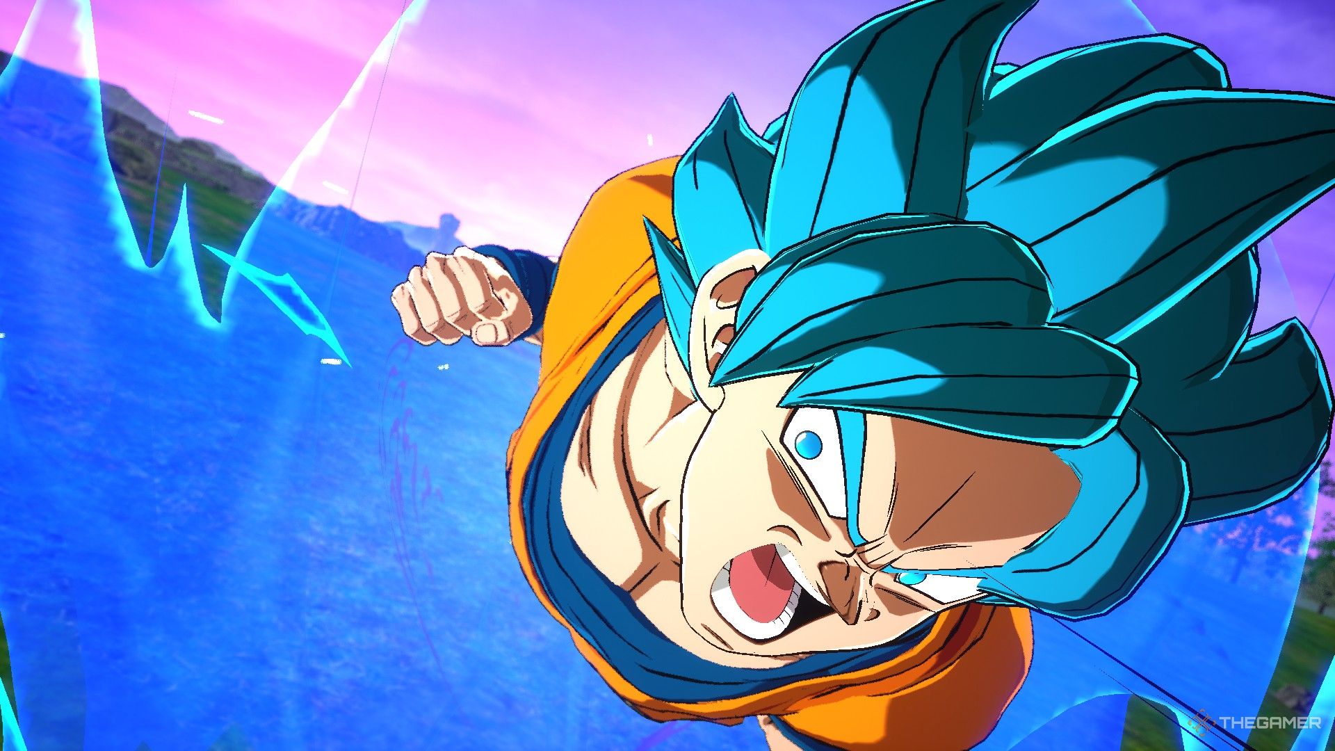 Dragon Ball Sparking Zero image showing Goku as a super saiyan blue about to land a hit.