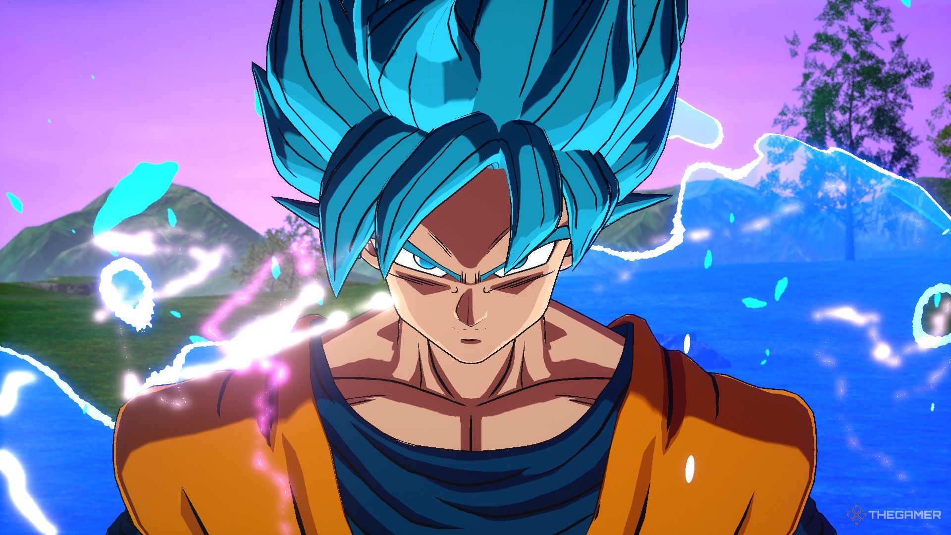 Dragon Ball Sparking Zero image showing Goku as a super saiyan blue looking forward.