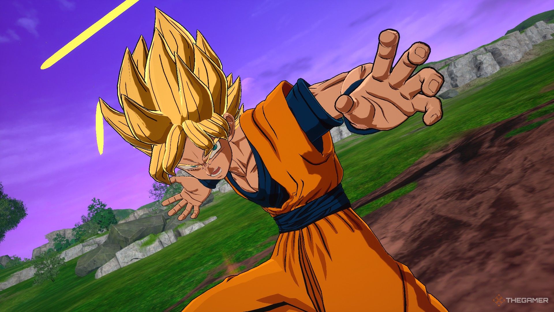 Dragon Ball Sparking Zero image showing Goku as a Super Saiyan firing a beam.