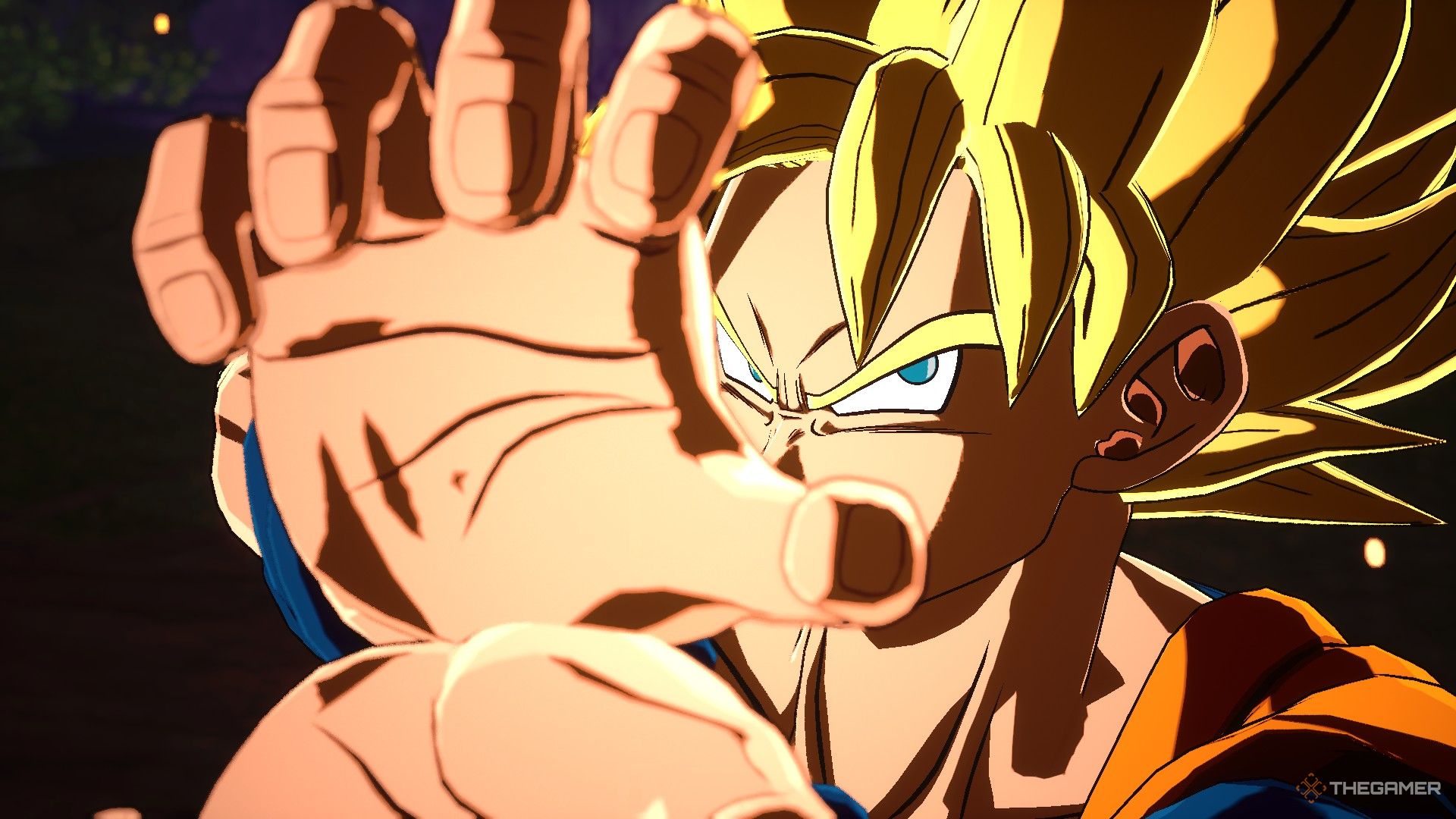 Dragon Ball Sparking Zero image showing Goku as a Super Saiyan preping a Kamehameha.