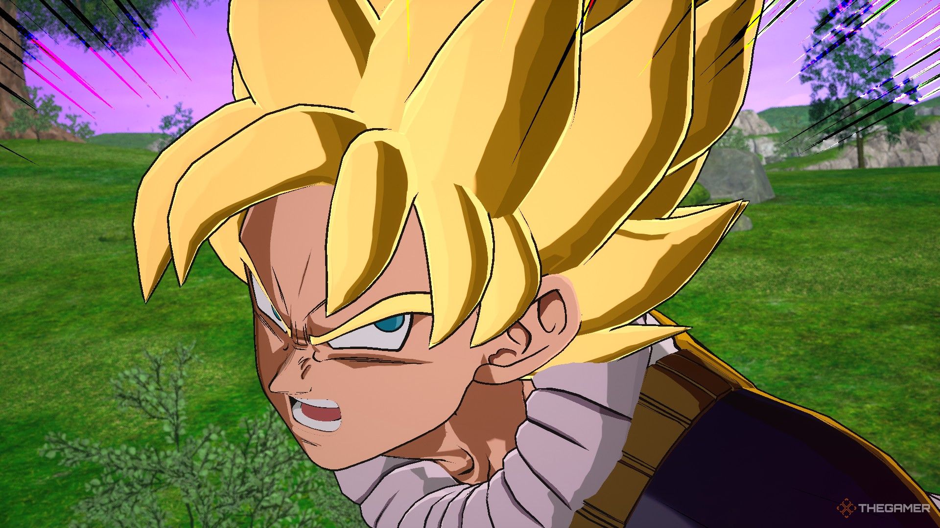 Dragon Ball Sparking Zero image showing Goku in his yardat suit as a Super Saiyan about to punch.