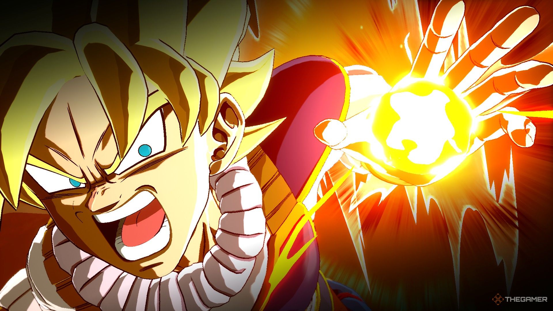 Dragon Ball Sparking Zero image showing Goku in his yardat suit as a Super Saiyan firing a beam.