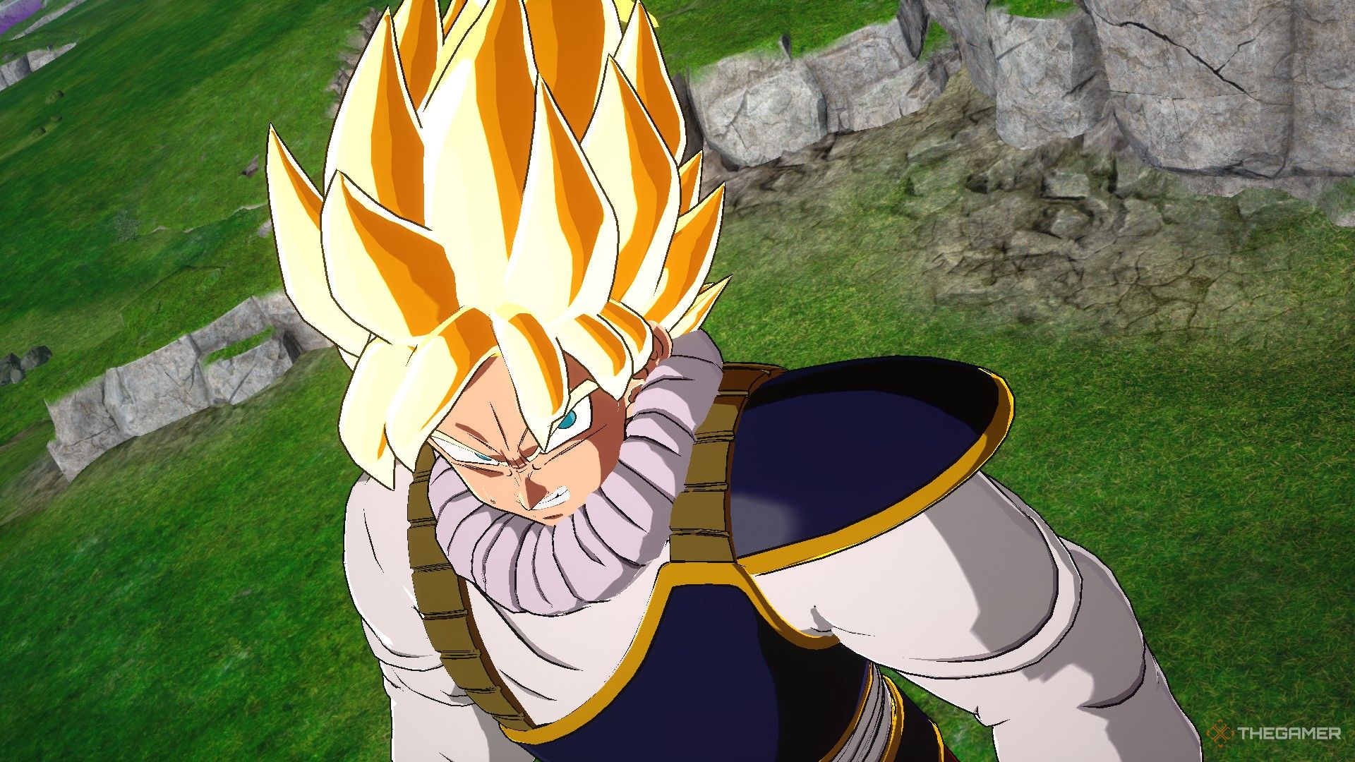 Dragon Ball Sparking Zero image showing Goku in his yardat suit as a Super Saiyan.