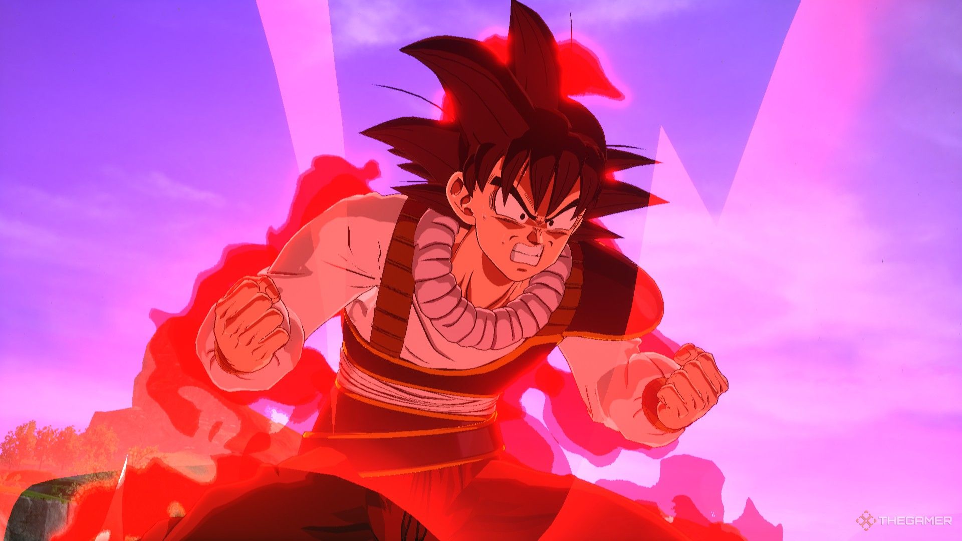 Dragon Ball Sparking Zero image showing Goku in his yardat suit charging a kaioken.