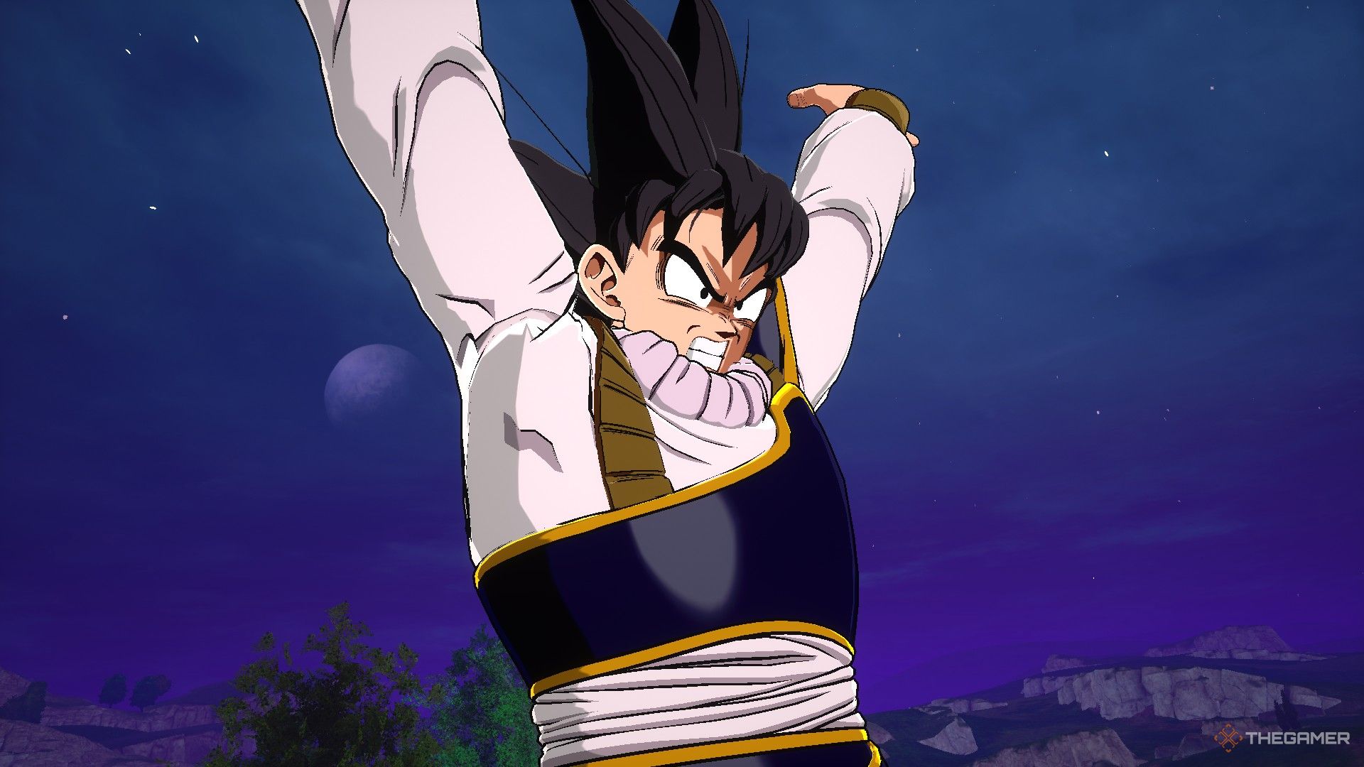 Dragon Ball Sparking Zero image showing Goku in his yardat suit charging a Spirit Bomb.