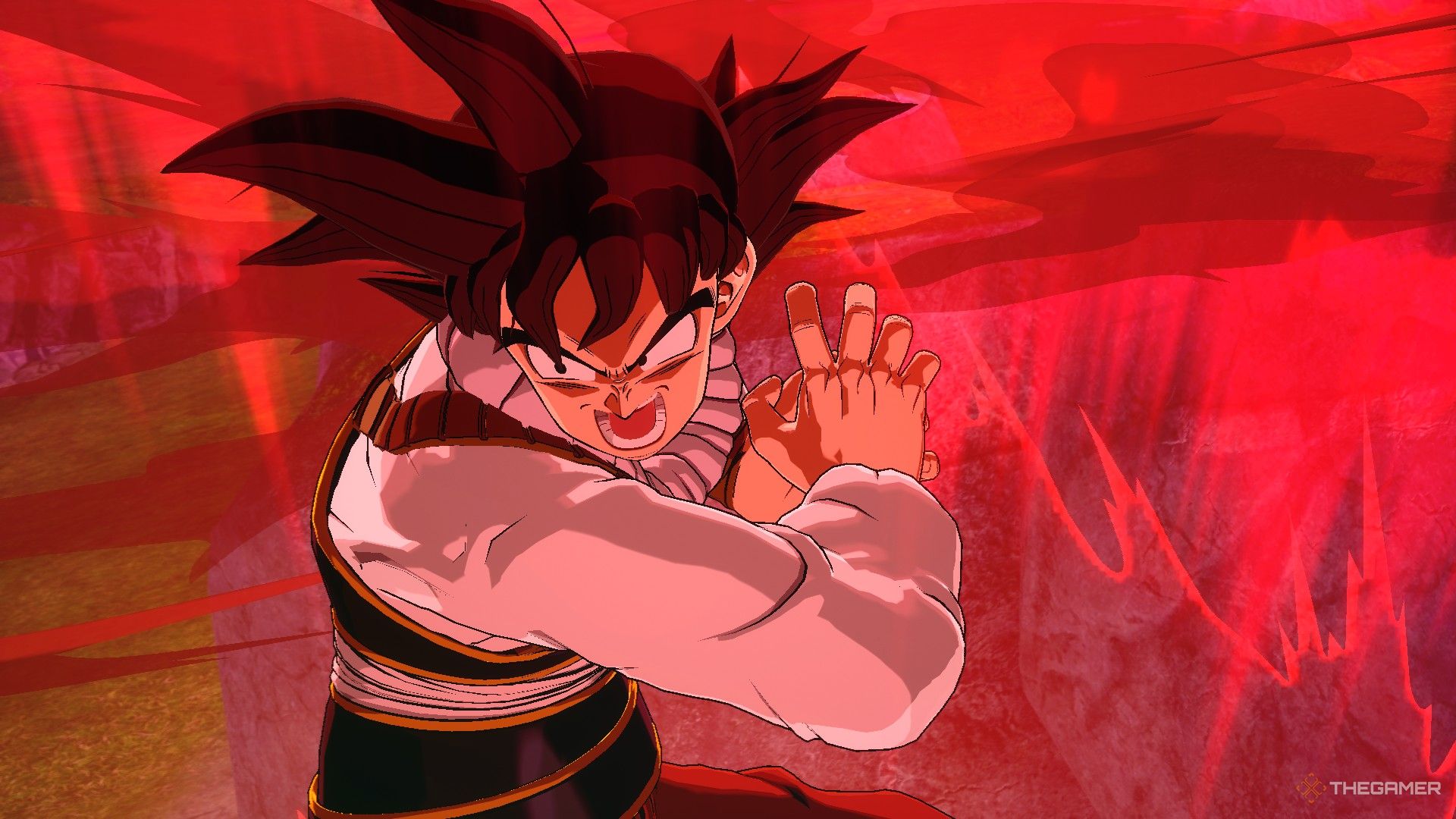 Dragon Ball Sparking Zero image showing Goku in his yardat suit during a kaioken.