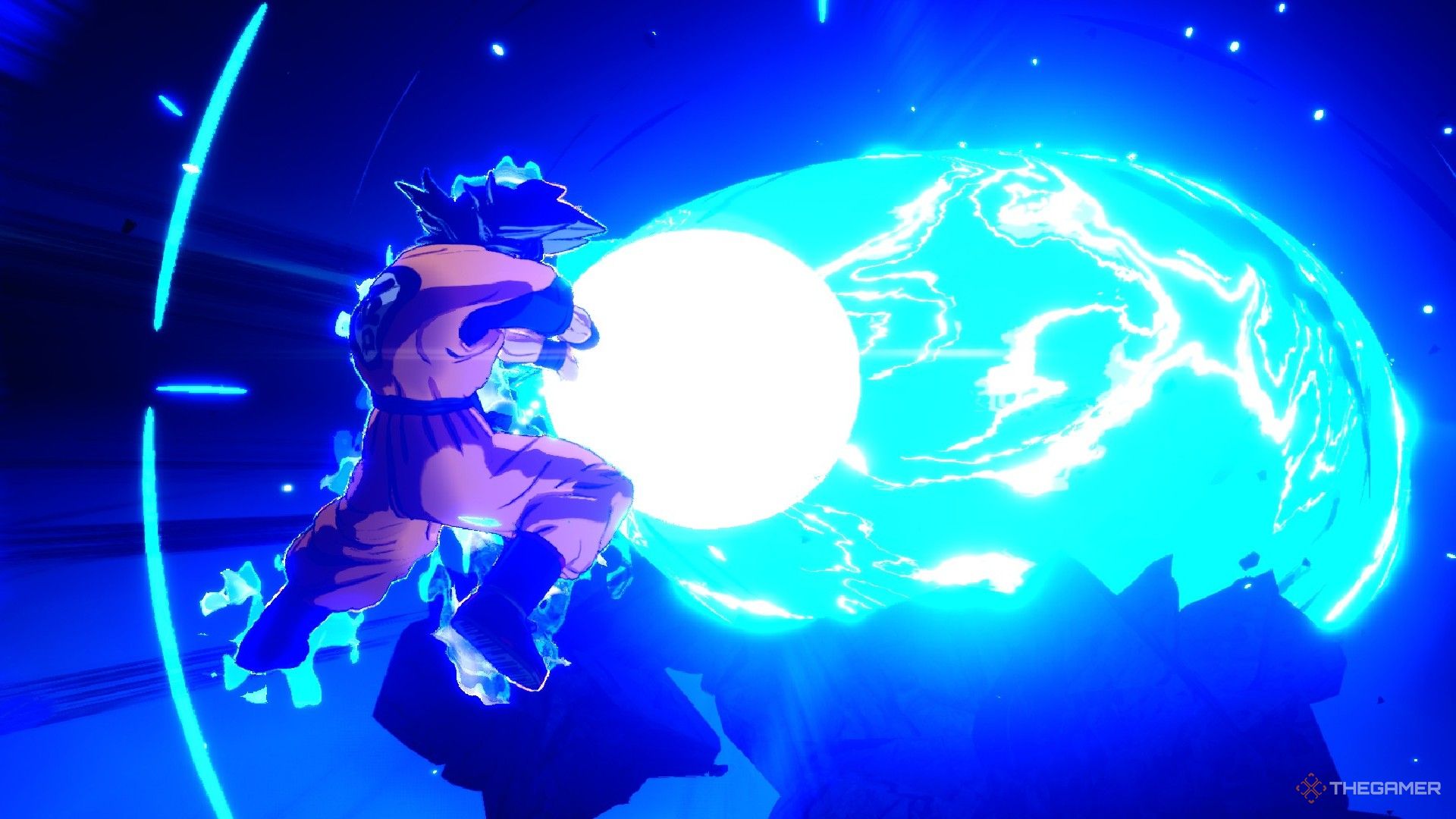 Dragon Ball Sparking Zero image showing Goku Ultra Instinct Sign firing a kamehameha.