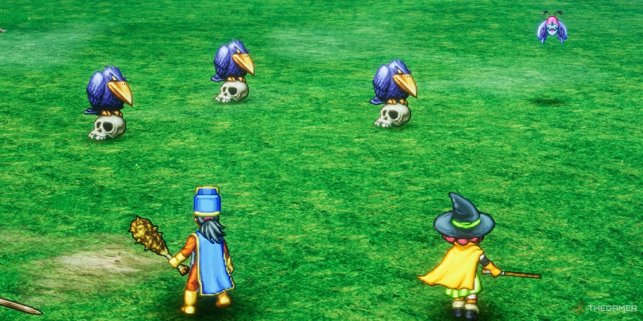 DRAGON QUEST III HD-2D Remake Characters in battle on a green field against ravens.