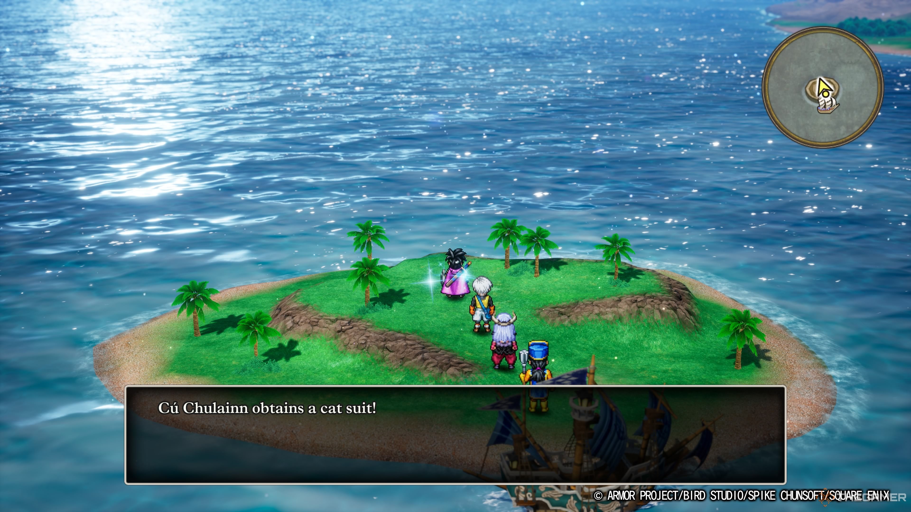 DRAGON QUEST III HD-2D Remake دستور آیتم را نشان می دهد که مهمانی لباس گربه را در یک جزیره کوچک انتخاب می کند.