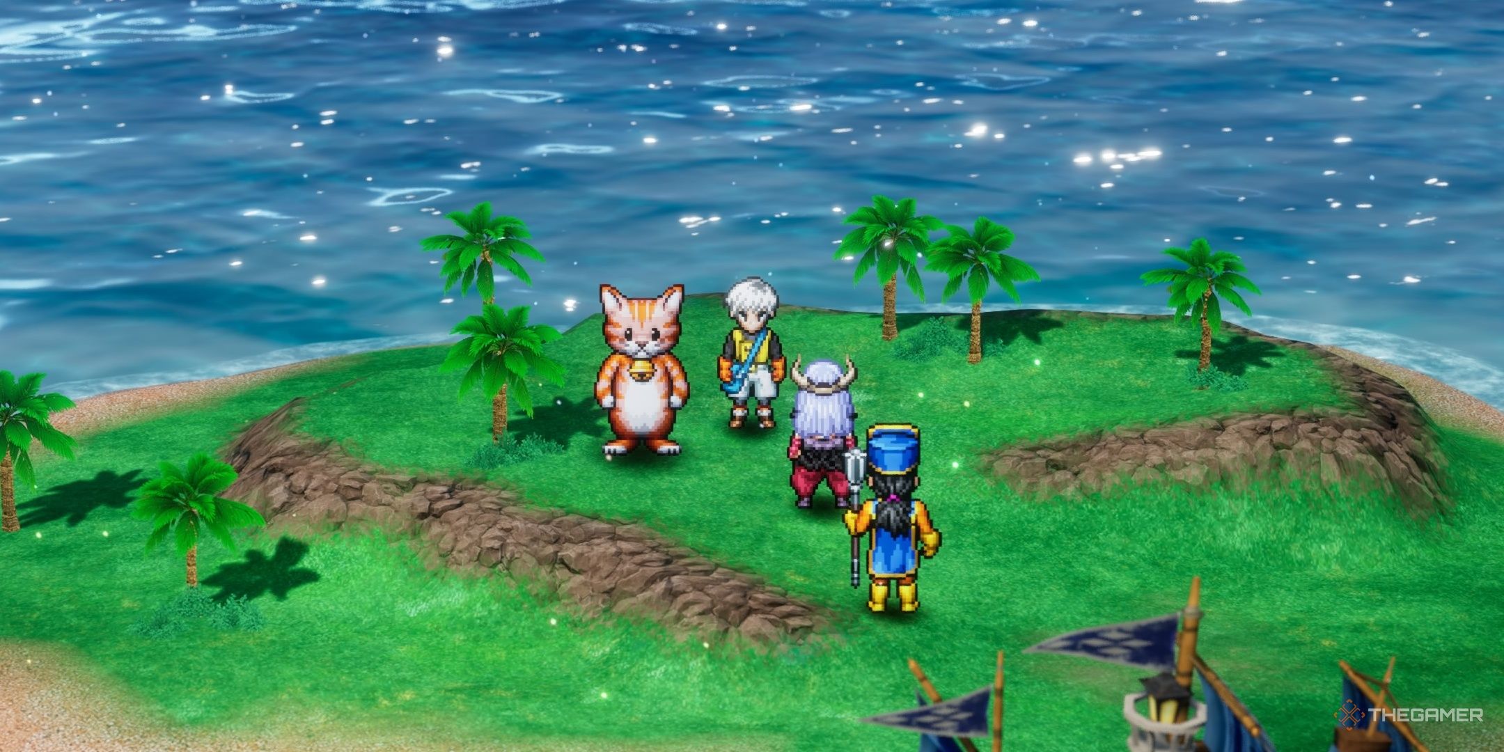 DRAGON QUEST III HD-2D Remake the party on a small island with the hero in a cat suit.