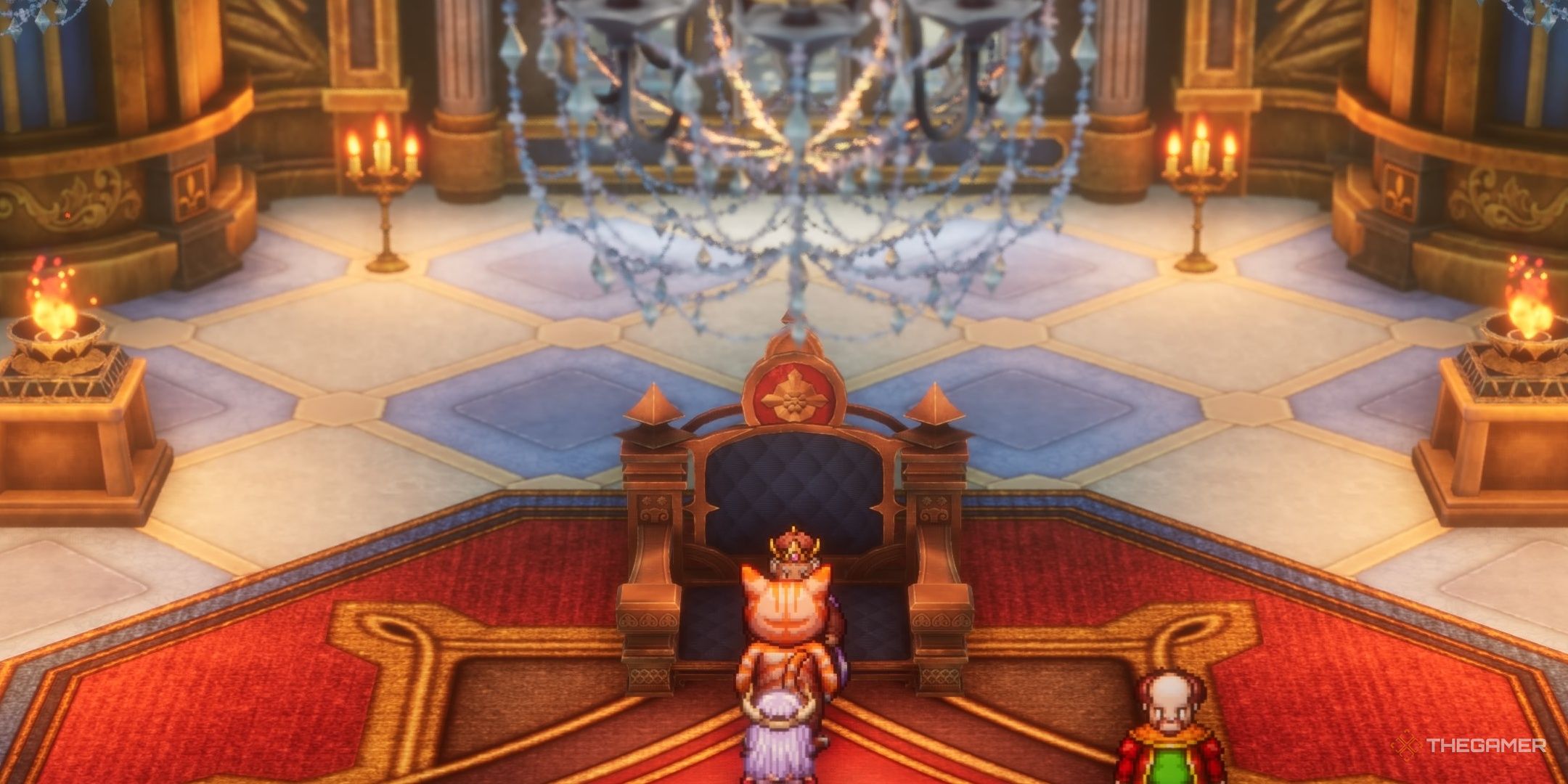 DRAGON QUEST III HD-2D Remake the hero in a cat suit talking to the king of edina.
