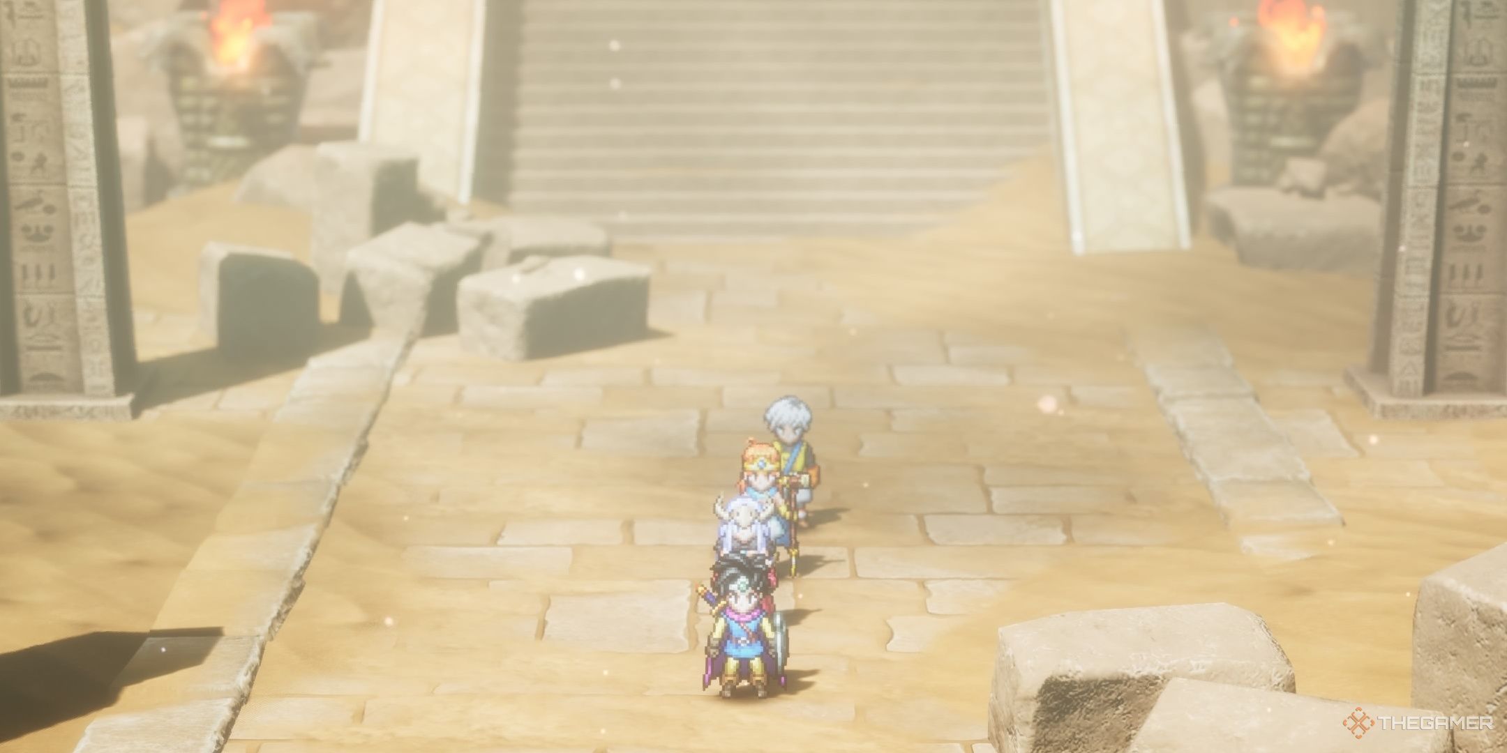 DRAGON QUEST III HD-2D Remake The party standing at the steps of the great pyramid dungeon.