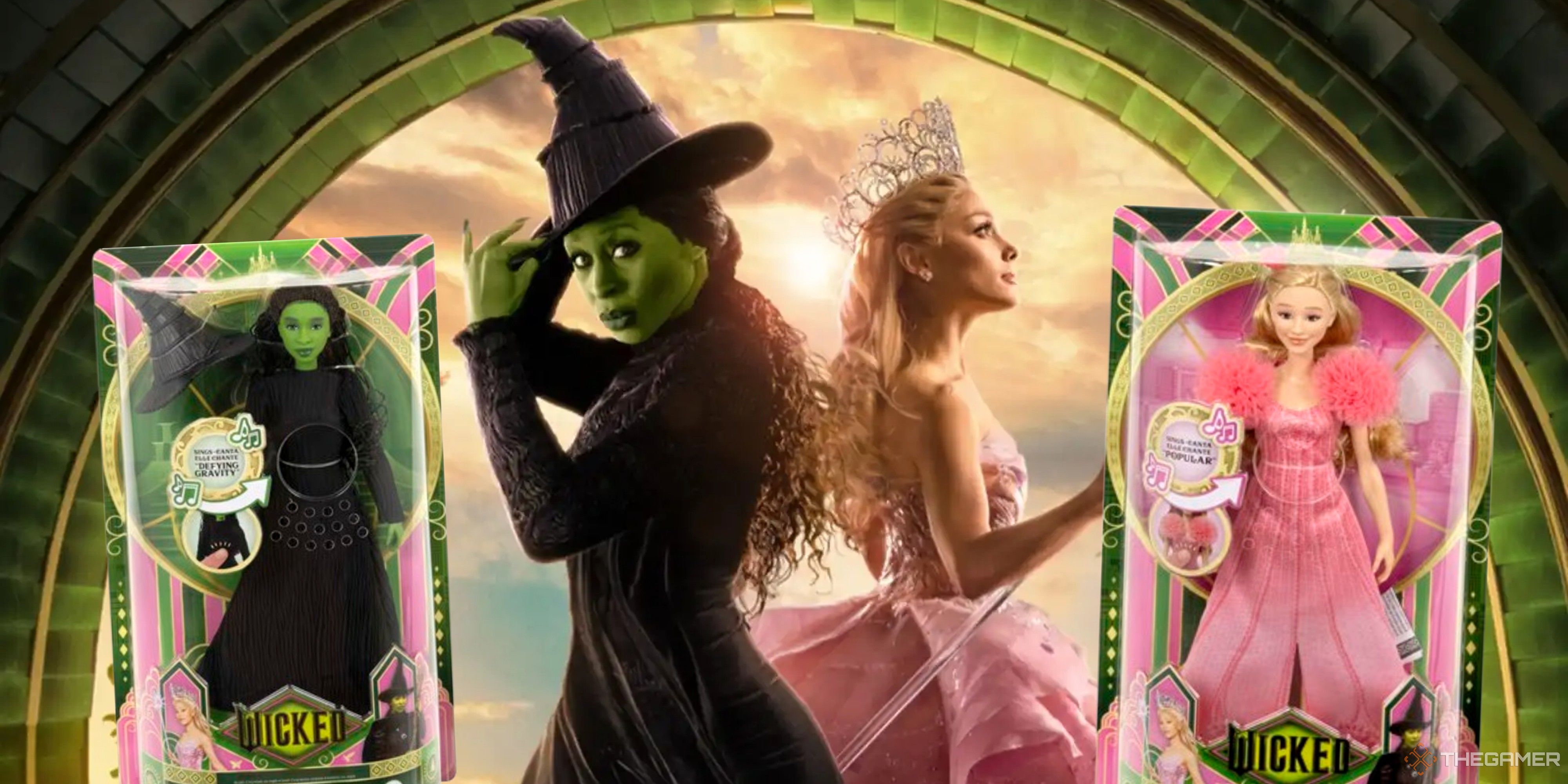 elphaba and glinda from wicked next to their boxed barbie dolls