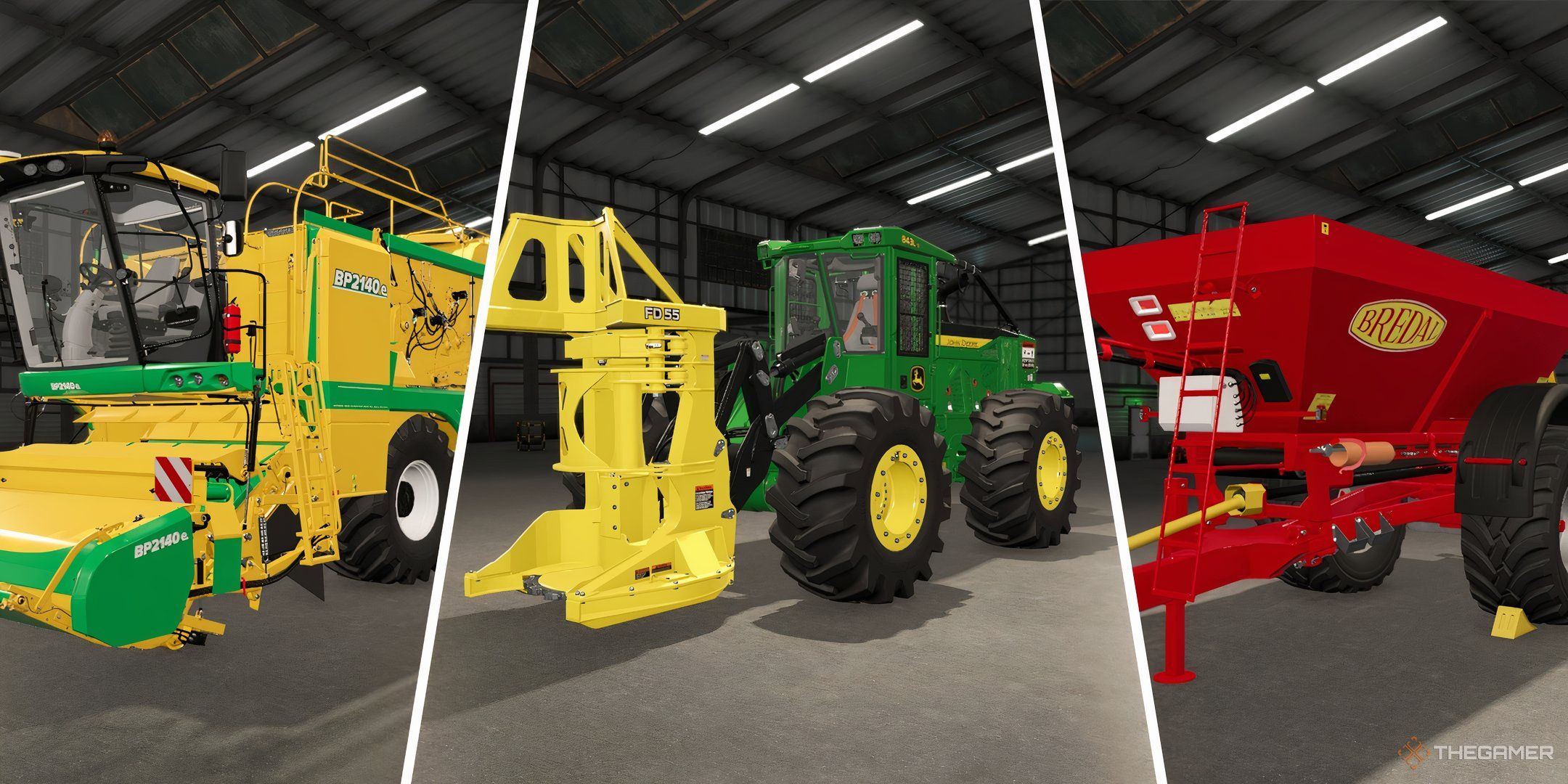 A roller on the left, a fertilizer spreader on the right, and a tractor in the center in Farming Simulator 25.