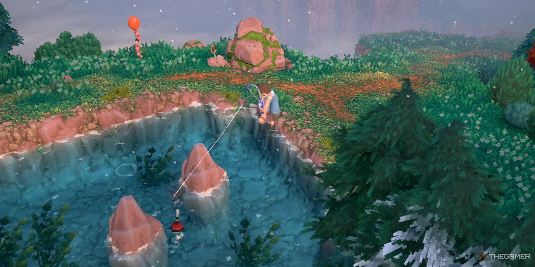 Player character casting their Fishing Rod into a lake at the Mountain area in Luma Island.