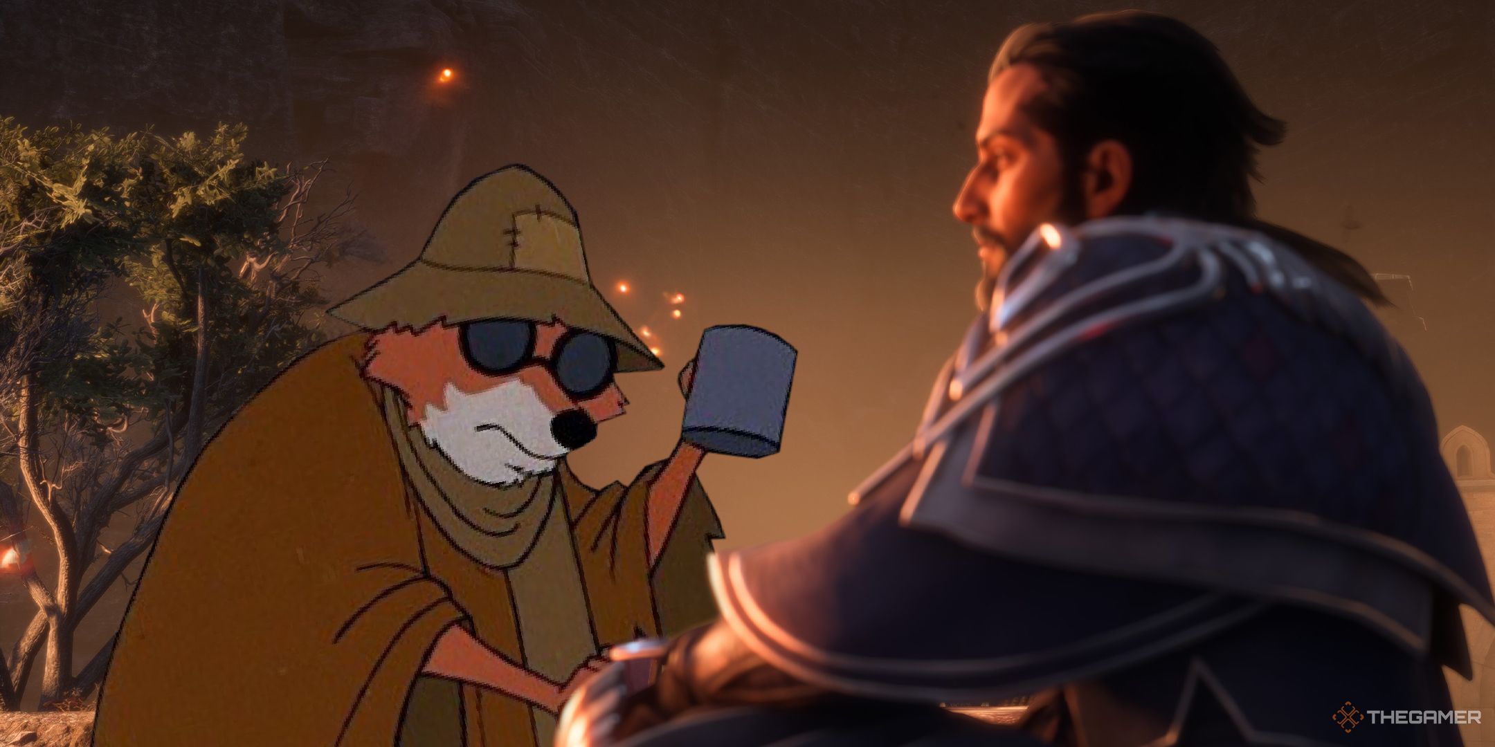 A cartoon fox photoshopped into Dragon Age: The Veilguard, holding out a cup and begging to a Dragon Age character