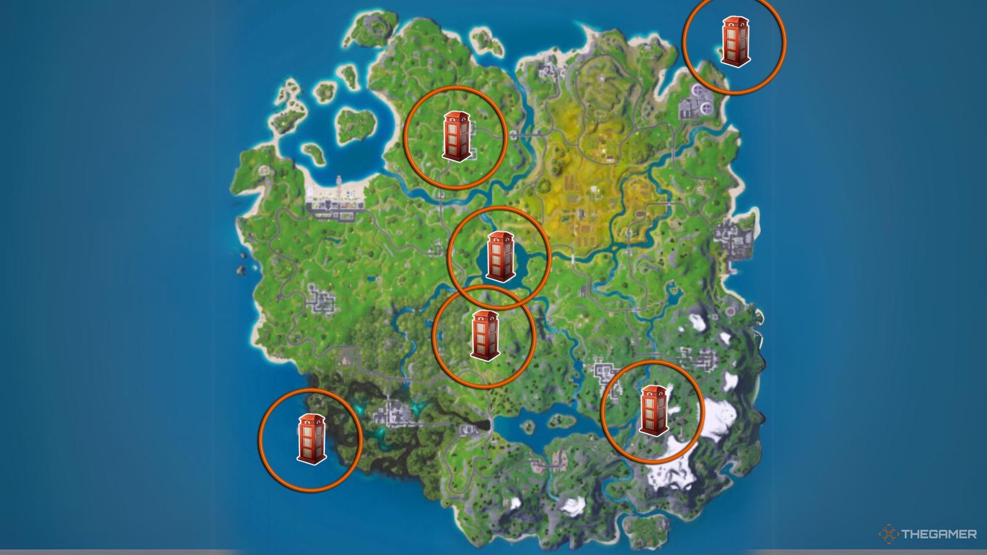 اسکرین شات از باجه های تلفن مشخص شده در Fortnite: Chapter 2 Remix Map.