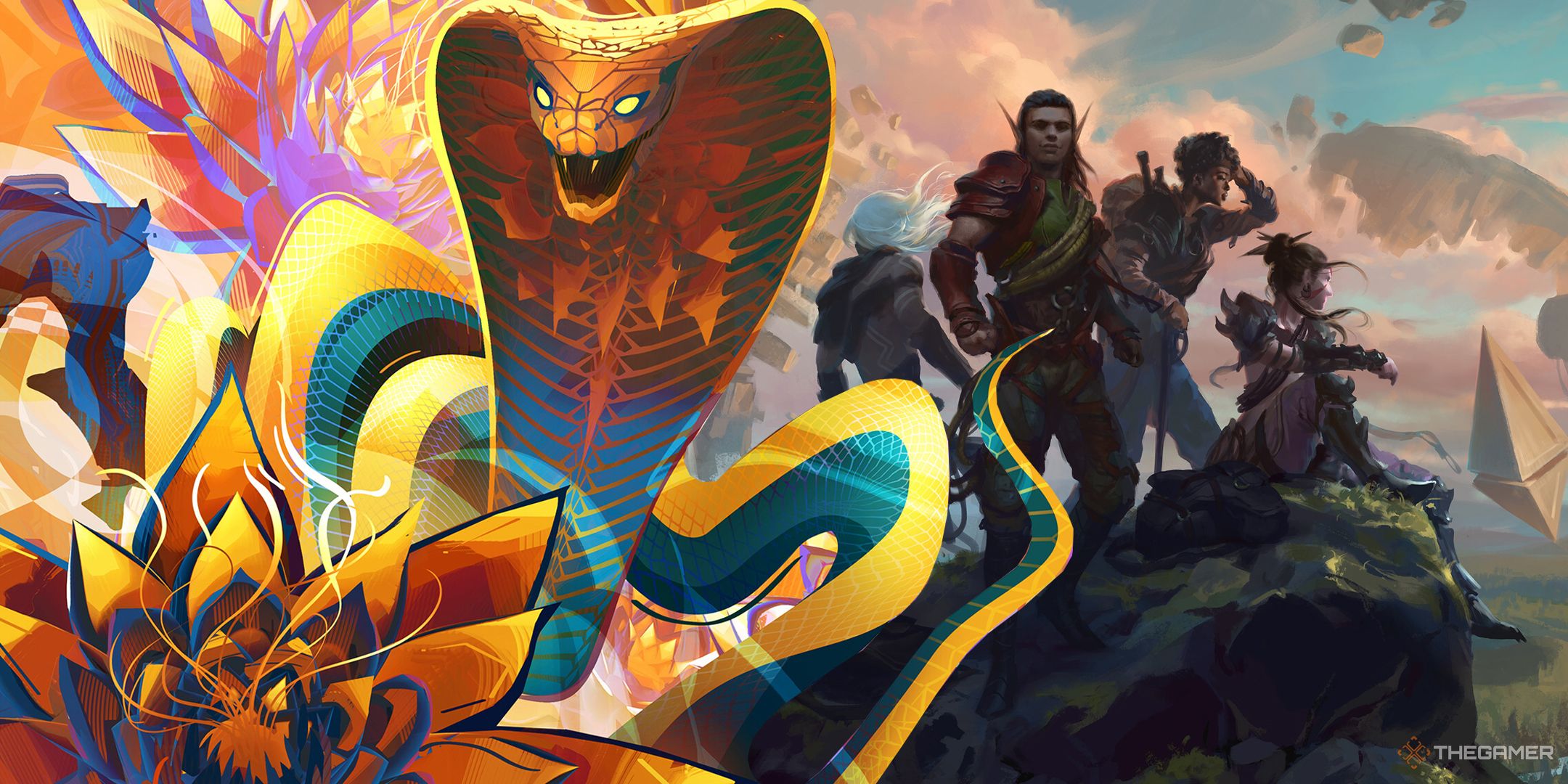 Lotus Cobra and four adventurers in Zendikar from Magic: The Gathering.